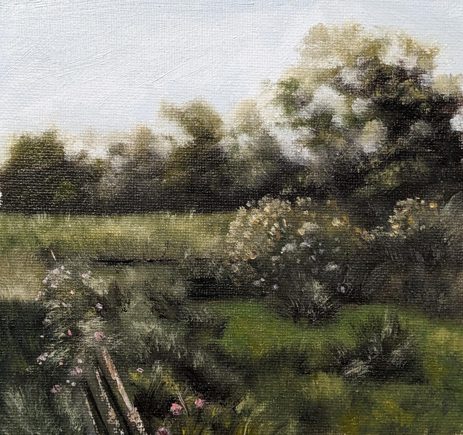 Oil painting of an idyllic English garden, painted from the bedroom view of a bed and breakfast in Carlisle, England.
