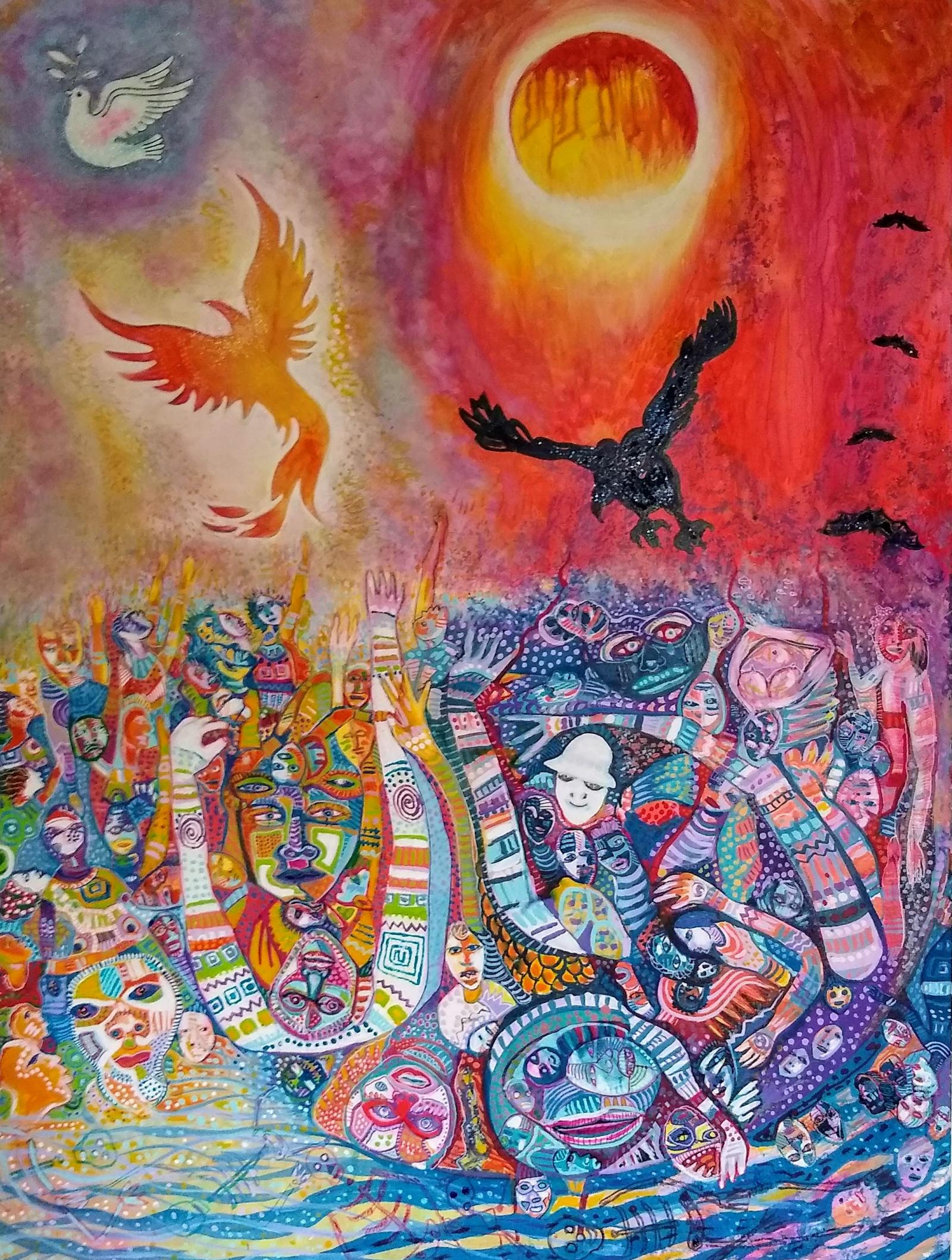 This painting is an allegory of the pandemic that exists at this time. The panic, suffering death, and survival from COVID -19. (View from the right top to right bottom, then around the curve to the bottom left and top left). Infection, struggle to survive, death, hope, and recovery.