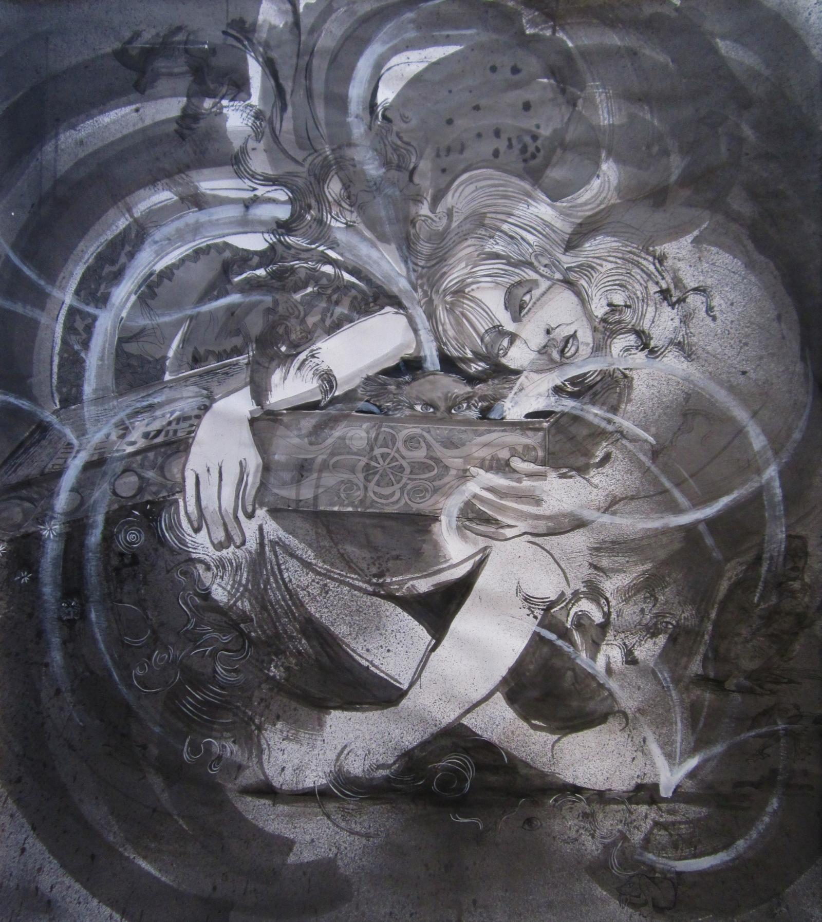 seated woman holding an ornate box on her lap, depicting the moment when all the ills of the world flew out of the box