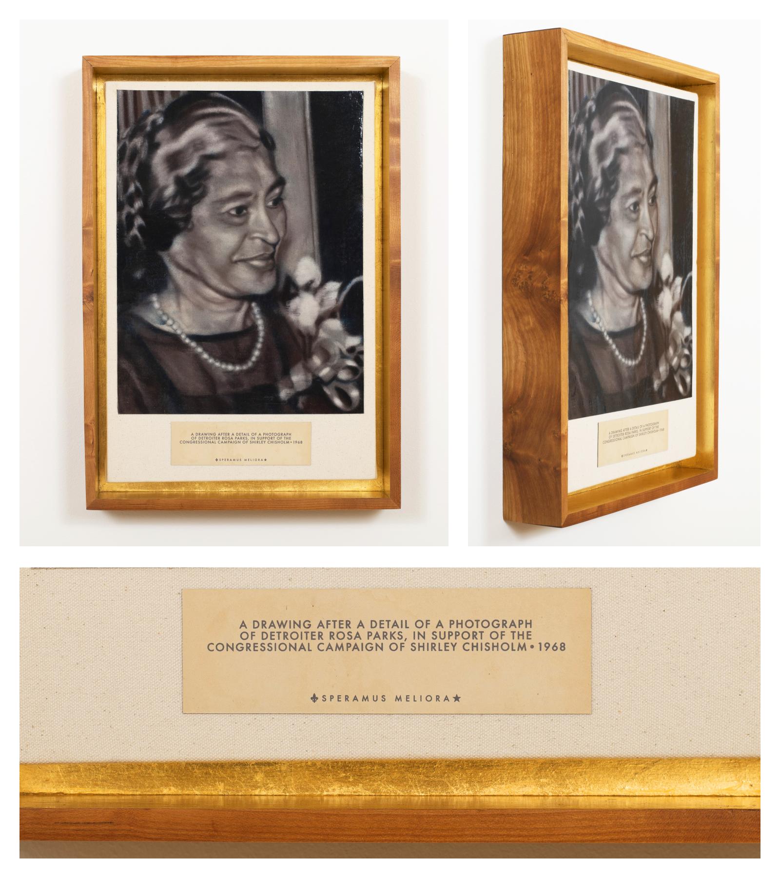 This portrait of Rosa Parks was drawn after a cropping of a photograph taken of Mrs. Parks with Rep. Shirley Chisholm in 1968. That year, Chisholm became the first African American congresswoman. Parks was an open supporter of Chisholm’s congressional run as well as Chisholm’s presidential campaign in 1972. This is just one of Rosa Park’s overlooked social and political actions beyond her 1955 bus arrest in Montgomery, Alabama.

When we think of Parks’s narrative we think of an isolated incident that sparked the Civil Rights Movement, where a meek, older woman (Parks was actually only 42) was tired after a long day’s work and would just not get up. This narrative was, and is, a more palatable story. But this simplified narrative misrepresents Parks’s actions and what they meant in the American South in 1955. It’s easier for Parks to be mythologized as a quiet, non-activist, non-confrontational victim than the seasoned civil rights activist she was, long before her arrest.*

In the 1940s and 50s, Rosa and her husband Raymond Parks were active Alabama NAACP members. Not only was Parks the Montgomery chapter’s secretary, in 1948, she was elected NAACP secretary for the State of Alabama. Earlier, in 1944, Parks drove across the state to Addeville, Alabama where the young Black woman Recy Taylor was gang raped by six white men. The local police were not investigating the crime so Mrs. Parks was sent by the NAACP to be an investigator and advocate for Taylor. Before that, in the early 1930s, Rosa and Raymond were involved in the defense of the Scottsboro Boys, nine African American boys and teens wrongly accused of raping a white woman in Scottsboro, Alabama. This would become a landmark case concerning racial injustice in the United States.**

These are just a few examples of what is missing in our general understanding of Rosa Parks’s legacy. This artwork references the fact that Parks spent most of her life living in Detroit. This is meant to acknowledge that Rosa Parks is a part of Detroit’s rich African American history—a subtle way to encourage the viewer to look into Rosa Parks’s true history and life. The hope is that viewers will wonder why she’s referred to as a “Detroiter" and then learn about why Mrs. Parks had to leave her home in the South, only one year after the end of the Montgomery Bus Boycott.***



[*For a first hand account for the Montgomery Bus Boycott, see: The Montgomery But Boycott and the Women Who Started It: The Memoir of Jo Ann Gibson Robinson, by Jo Ann Gibson Robinson, Edited by David J. Garrow, 1987 | 

**To read about the Recy Taylor case, see: At the Dark End of the Street: Black Women, Rape, and Resistance–A New History of the Civil Rights Movement from Rosa Parks to the Rise of Black Power, by Danielle L. McGuire, 2010 | 

***For an in depth and complete biography of Rosa Louise McCauley Parks, see: The Rebellious Life of Mrs. Rosa Parks, by Jeanne Theoharis, 2013]