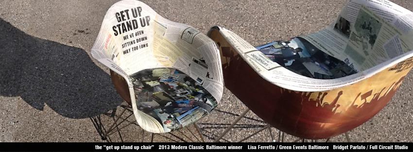 Chair competition - won first prize. Covered with articles about Baltimore's crime issues. When viewer sits, the chair plays Bob Marley's "Get Up Stand Up".
