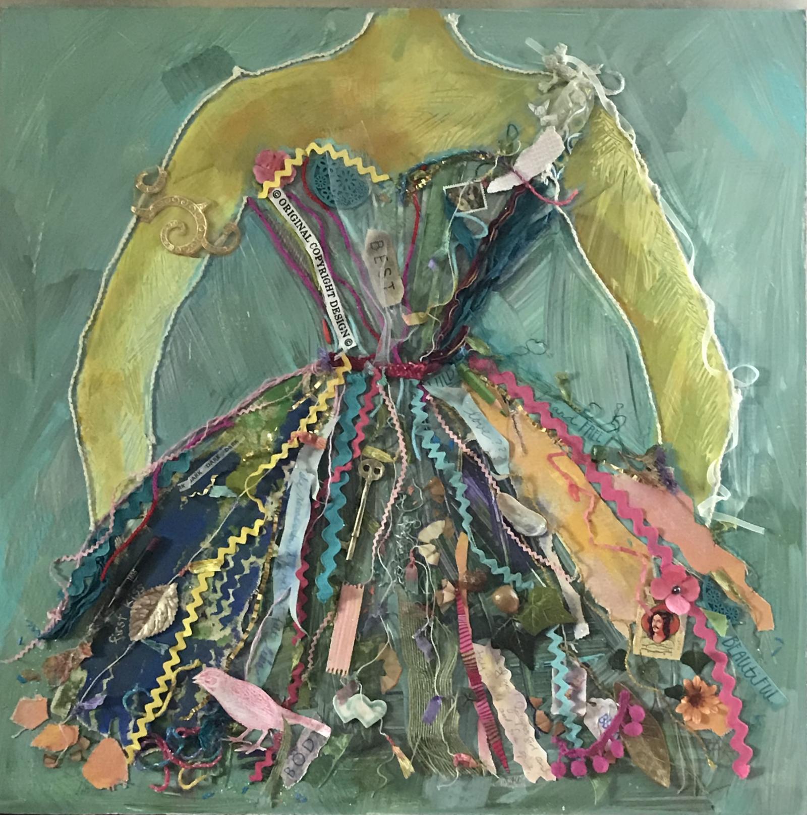 A mixed media piece celebrating the joy and excitement of choosing and donning a special party dress that makes an individual feel special.