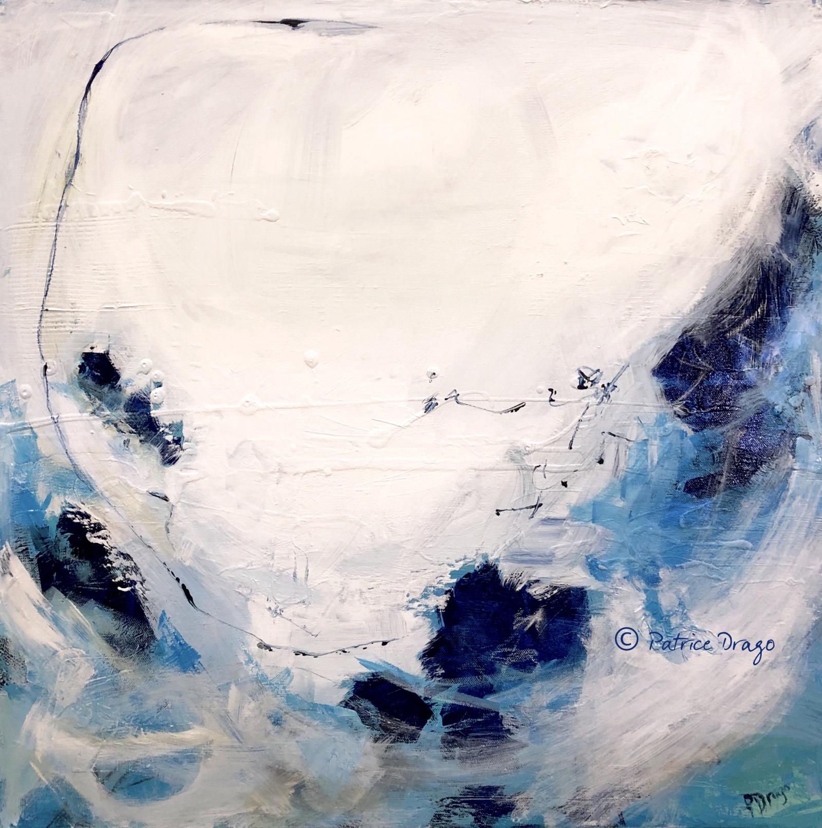 Layer upon layer of a variety of blue hues with texture underneath the overtone of white; with the swirling suggestive of undertow with the sun reflecting through