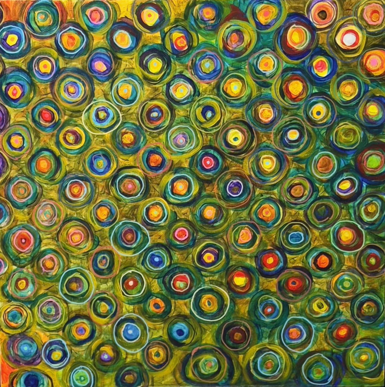 A recent painting from 2025 emphasizes the artists interest in color and pattern. The unctuous layering of paint and medium reveals a luminous transparency possible in this square painting on a closed Birch panel.