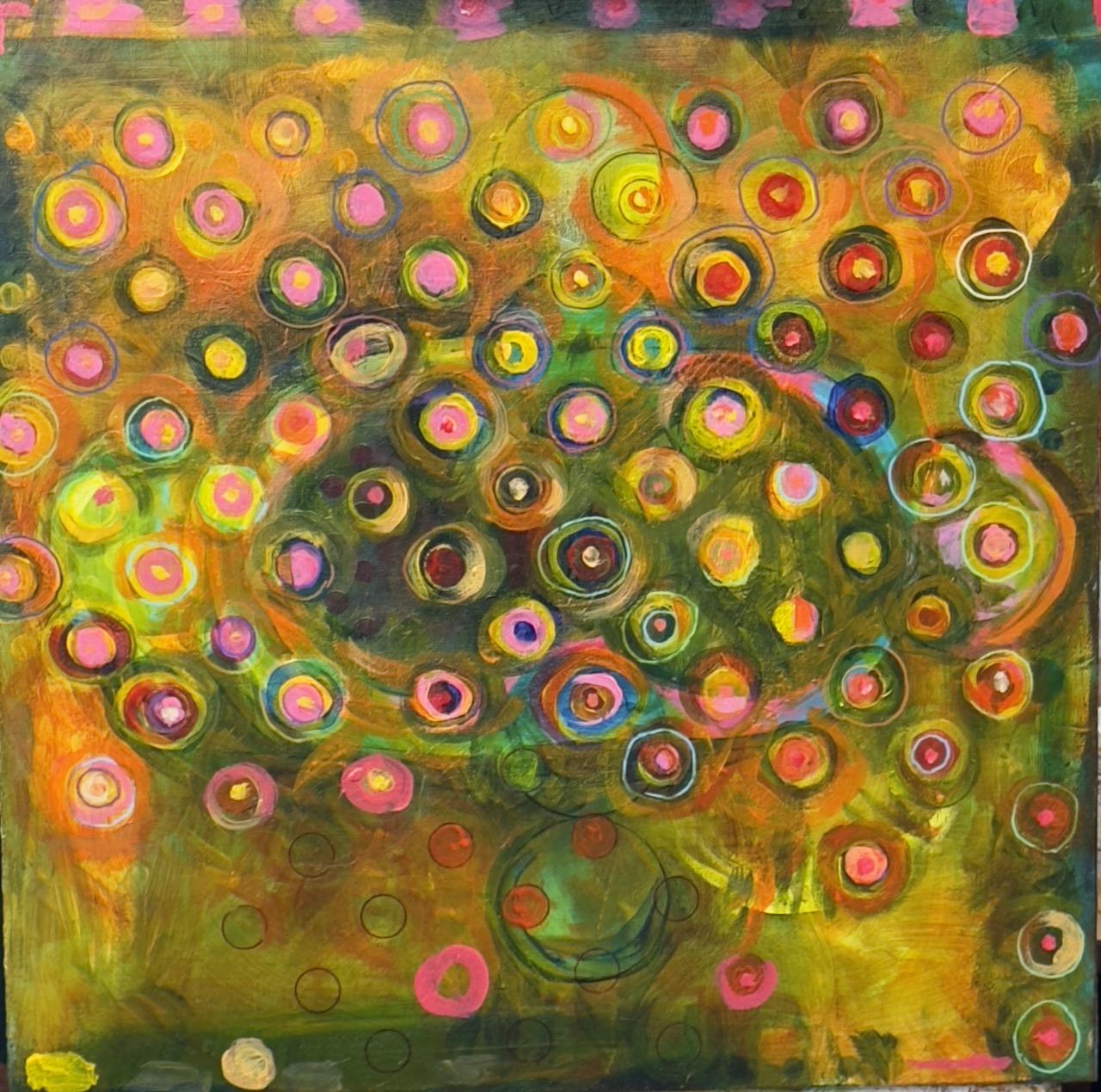 My work evolves instinctively and spontaneously from a process that relies upon my 'associative' mind, combined with the unctuous texture of paint, and mediums to build a field from which the work can emerge….
I often consider the circles as personages, with their unique elements of interest as events that carve out specific personalities.