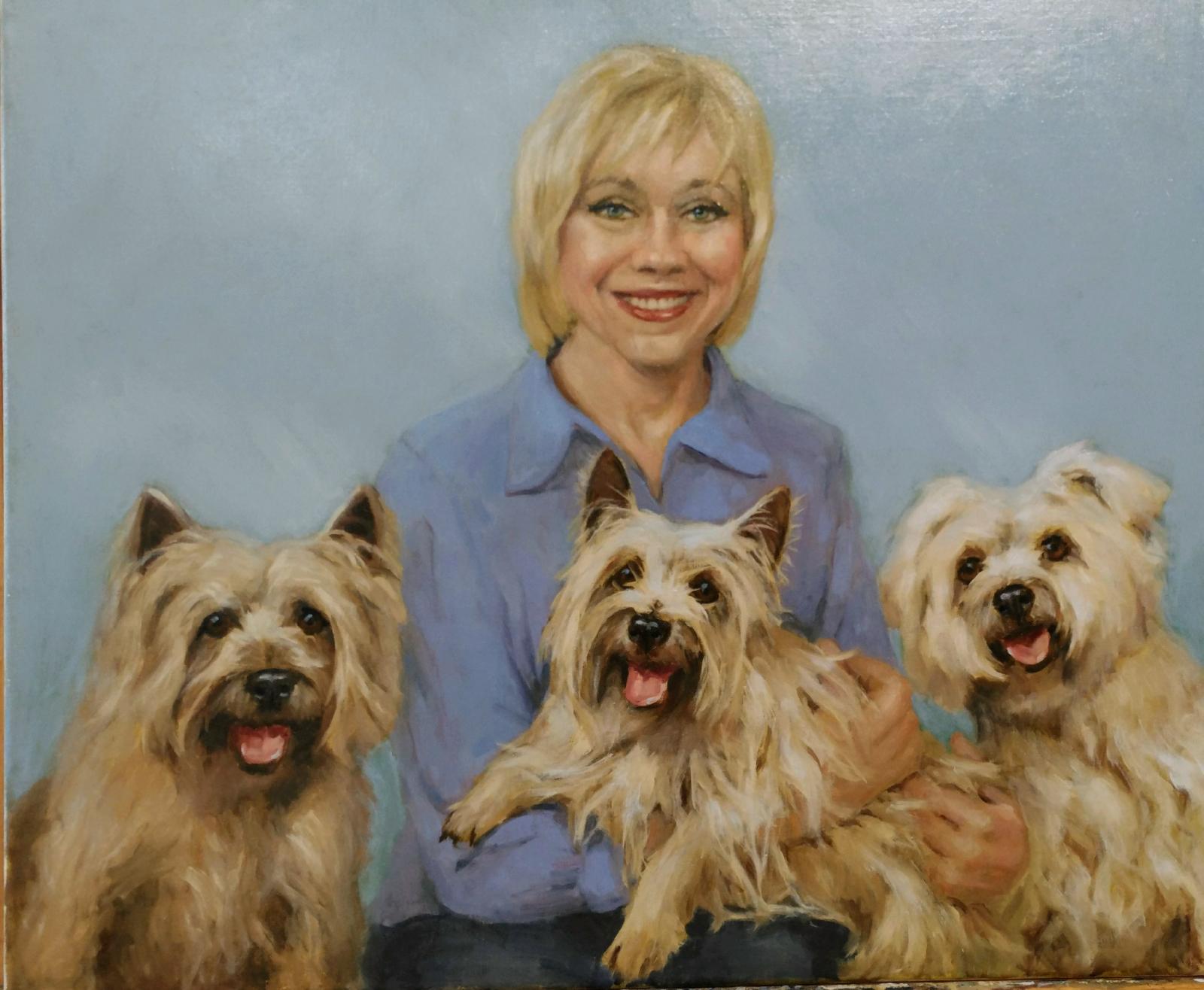 Patti loved her 3 pet dogs, and wanted her portrait painted with them.