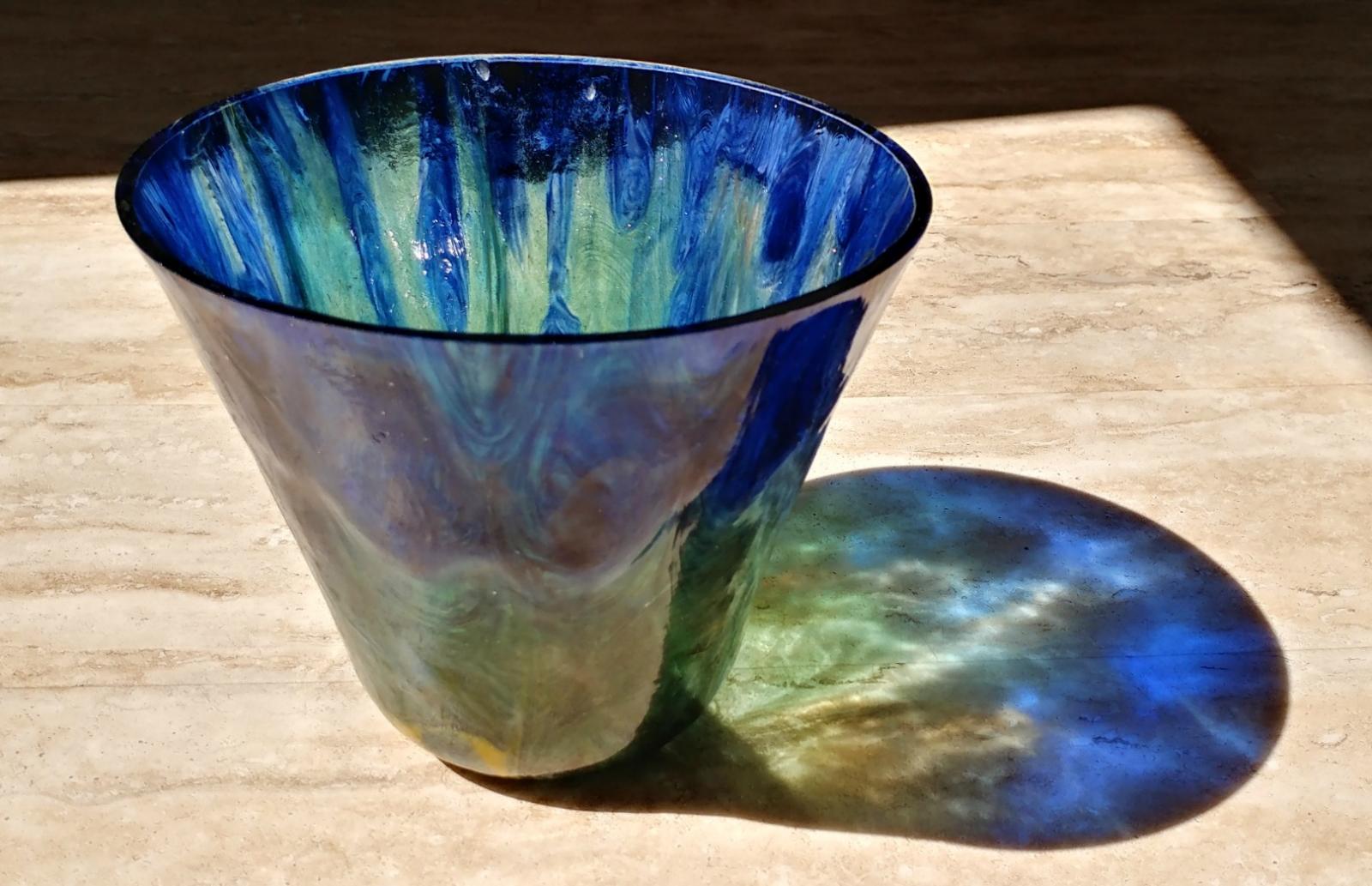 fused glass bowl made using "drop" method