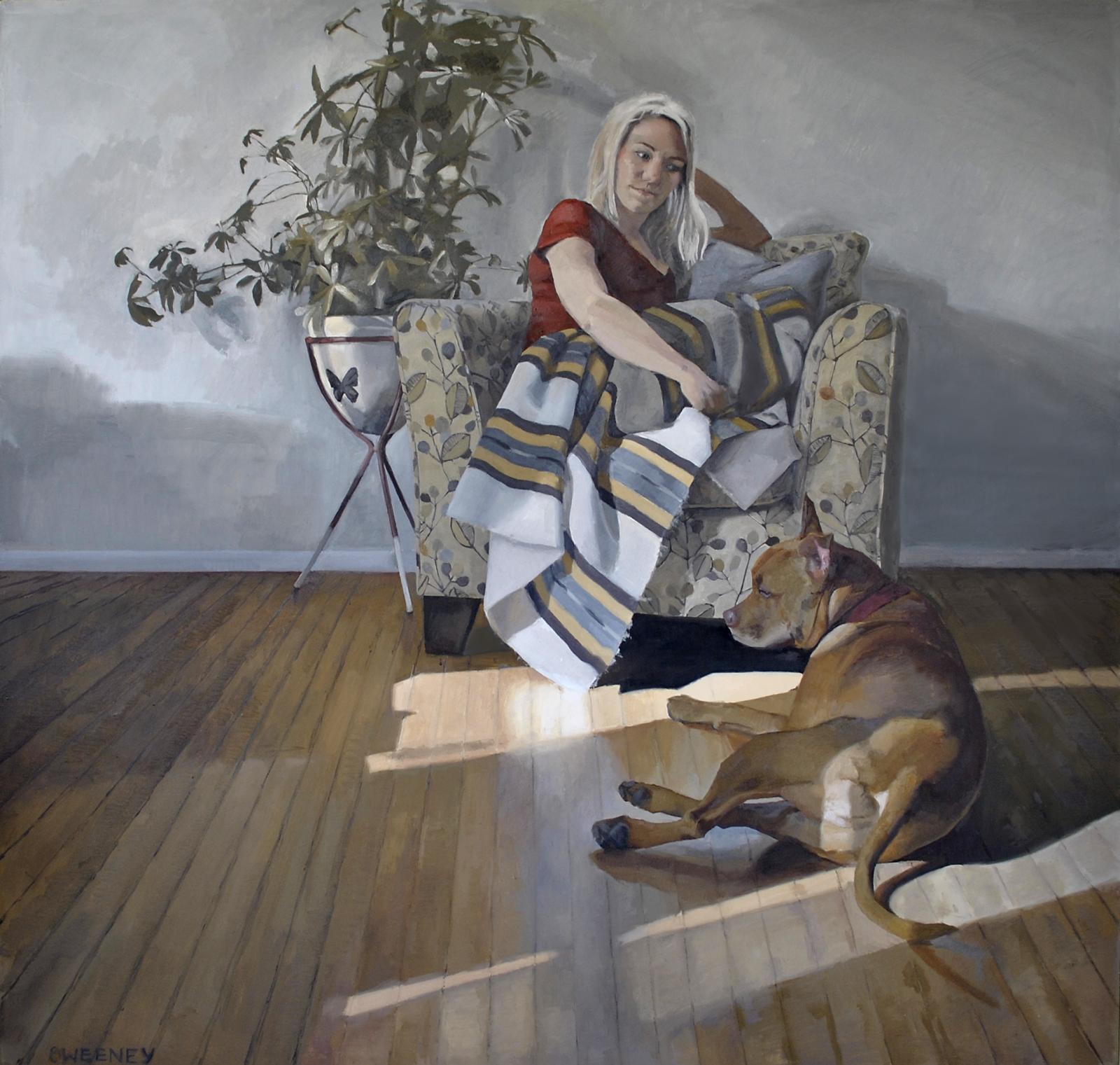 large oil painting with woman and dog 