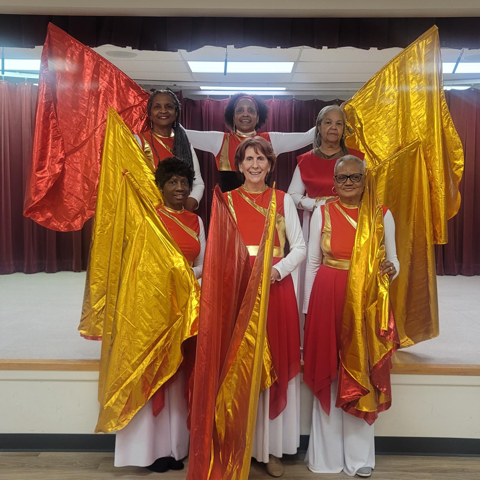Perfecting GRACE is a 60+ SENIORS dance group at the Clark Senior Center that will dance for the love and joy of connecting to one another through liturgical banner flag dancing. We do outreach engagement through out the Charles County, Maryland community. They are a dance group that come together to inspire others to use dance as a means of fitness, civic engagement. And reducing isolation, loneliness, & depression. We gave a lot of fun together, all are welcome! We welcome, disabled & limited mobility individuals to try dancing with us, even from a chair someone can flag. We love it!