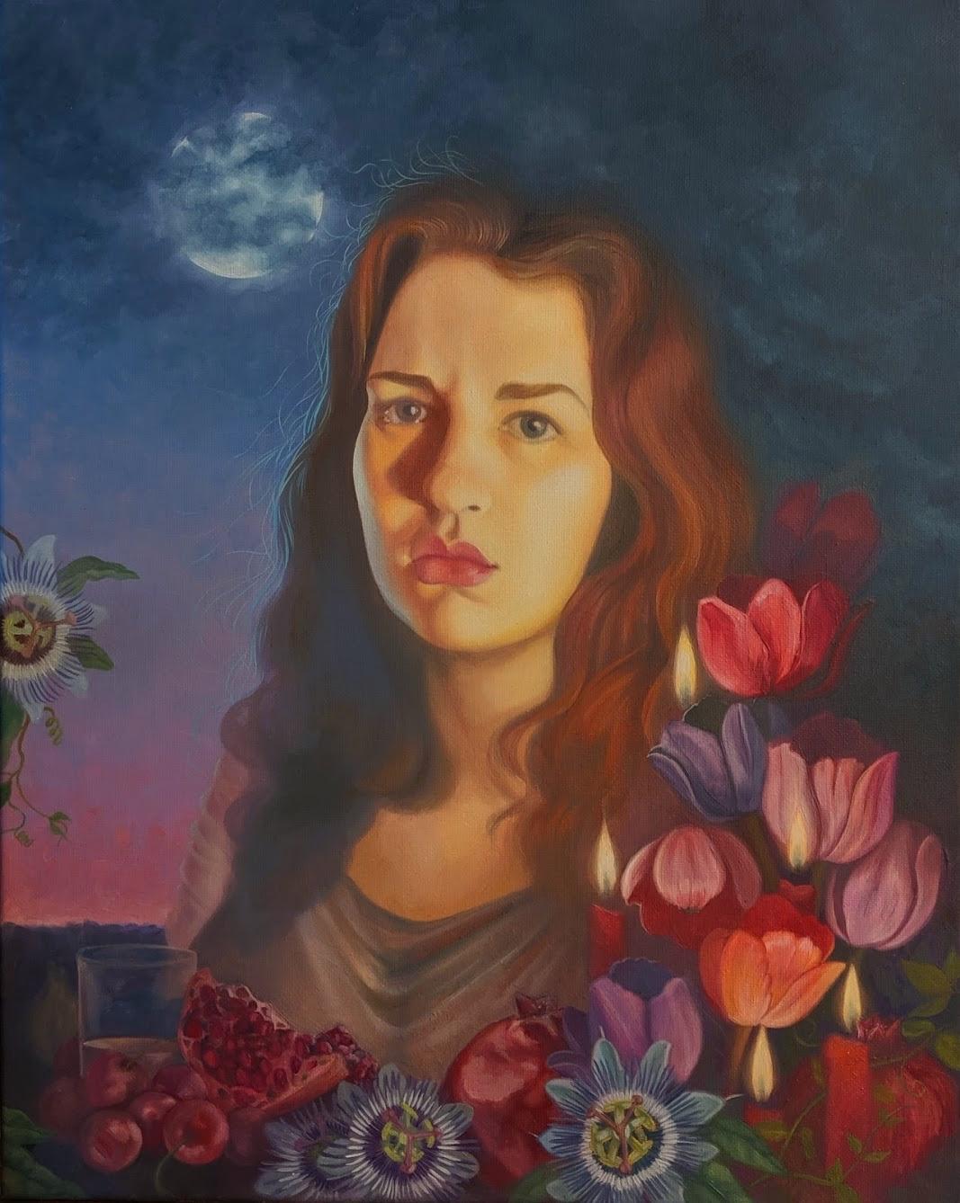 16 x 20" Oil on Canvas
Pre-Raphaelite style self portrait as Persephone.