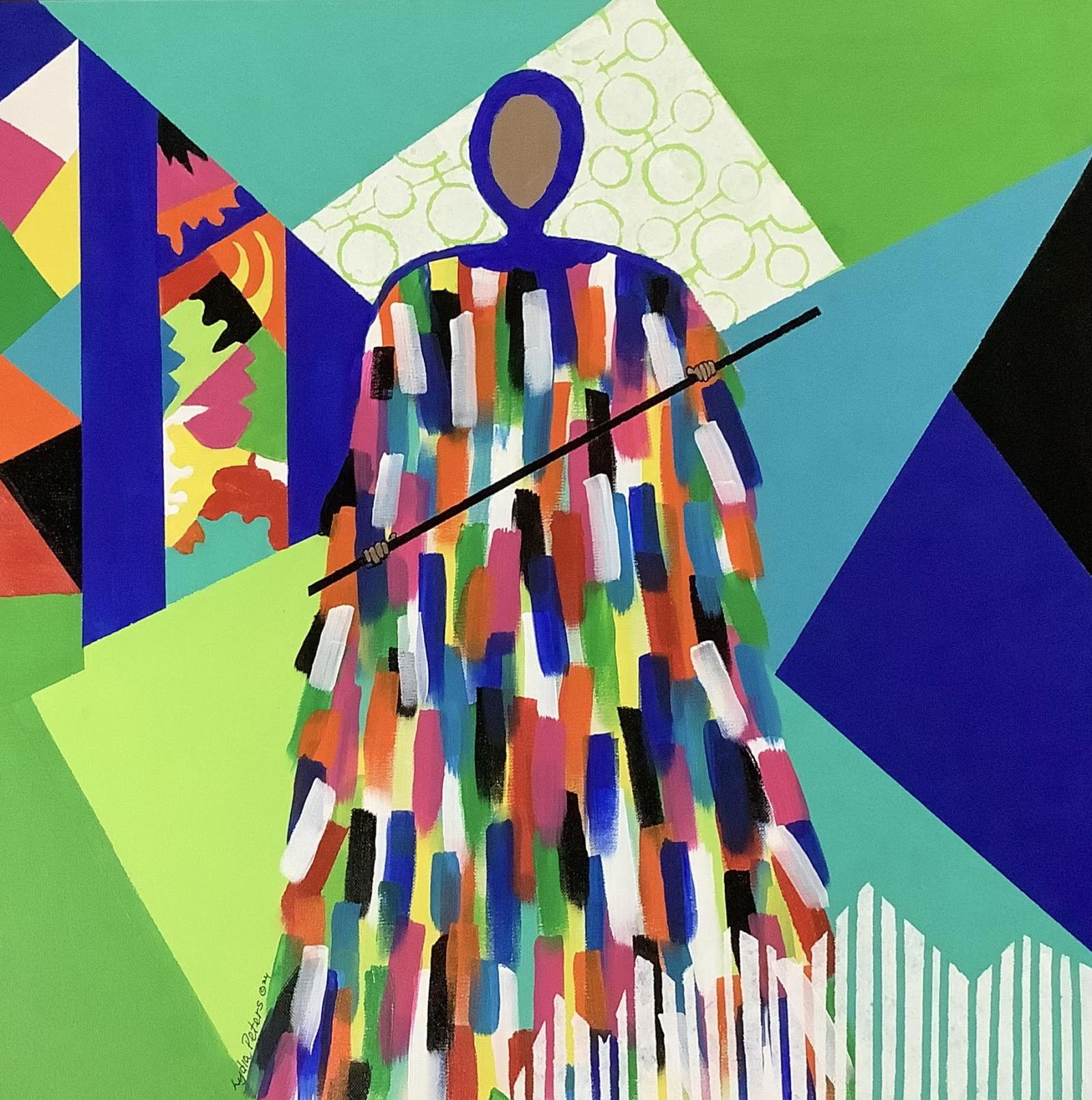 "This vibrant painting captures the essence of the Pierrot Grenade, a beloved figure in Trinidadian folklore. The riot of colors in the costume represents the lively and satirical nature of this character, who uses wit and wordplay to entertain and provoke. The geometric shapes and bold lines add a modern twist to this traditional portrayal, while the faceless figure hints at the anonymity behind the mask."