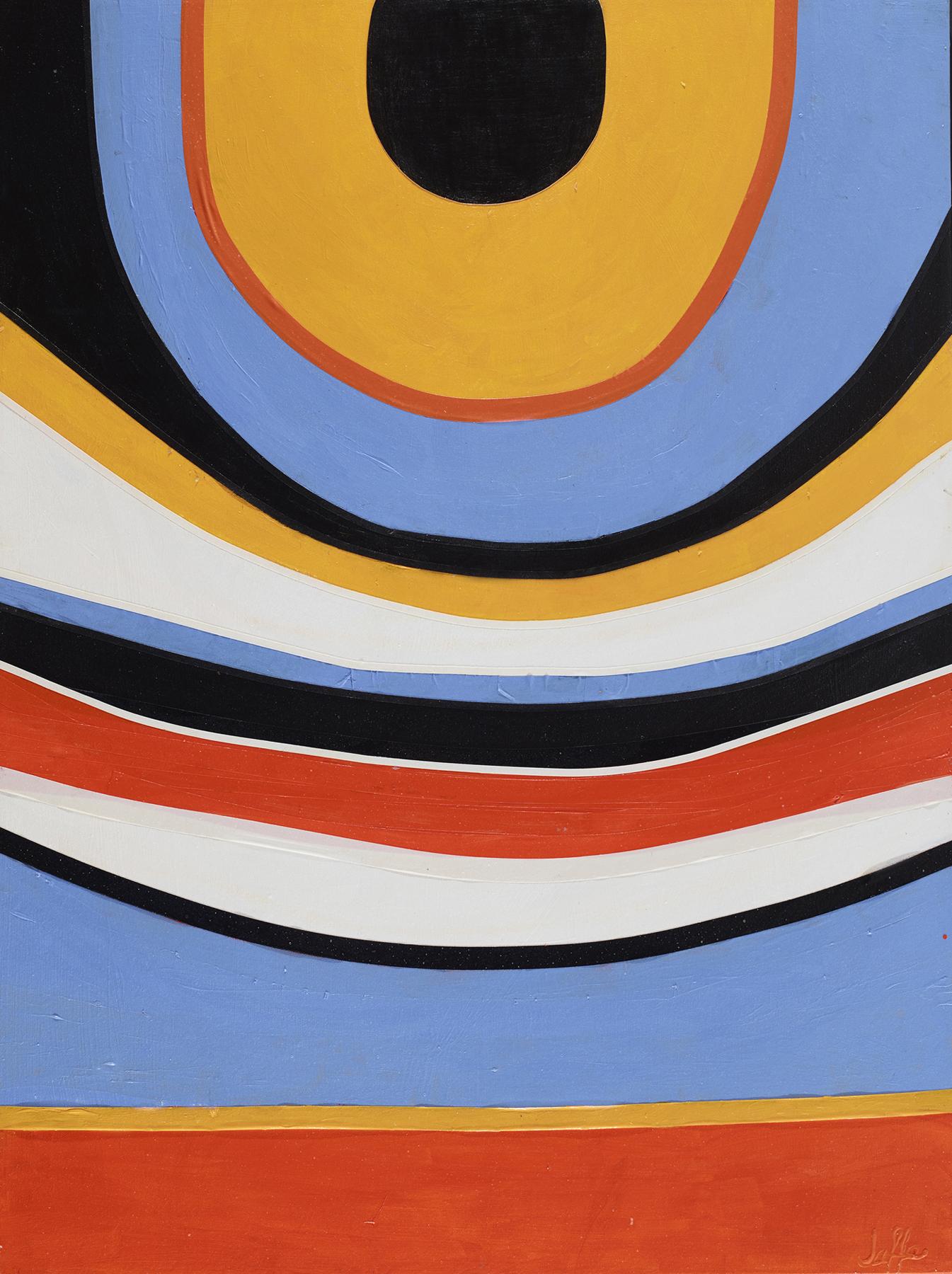 Bold saturated colors surround point with curved and horizontal lines