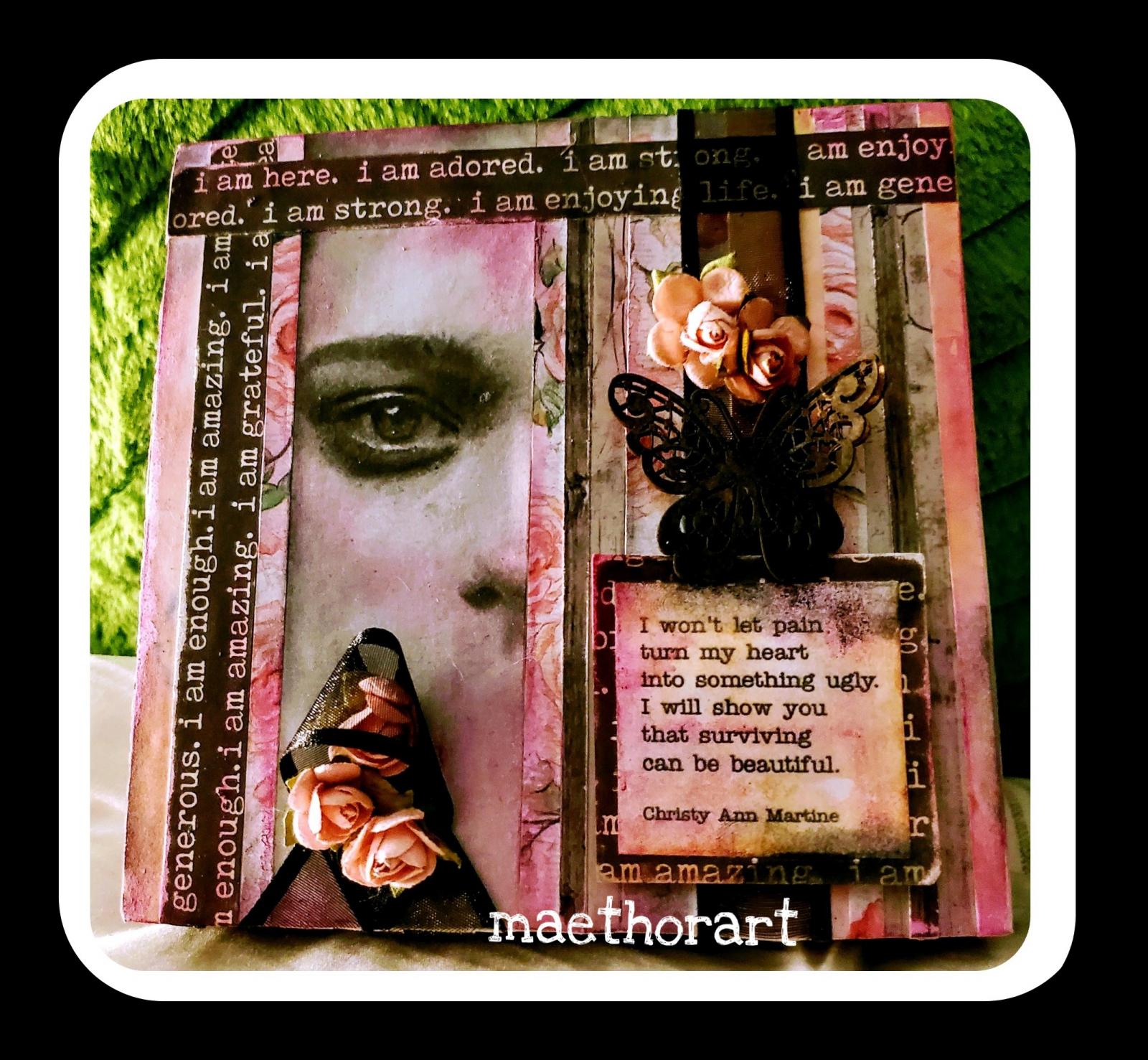 3D mixed media, predominantly, black and pink, utilizing vintage found objects, to convey a message of hope in tough times.