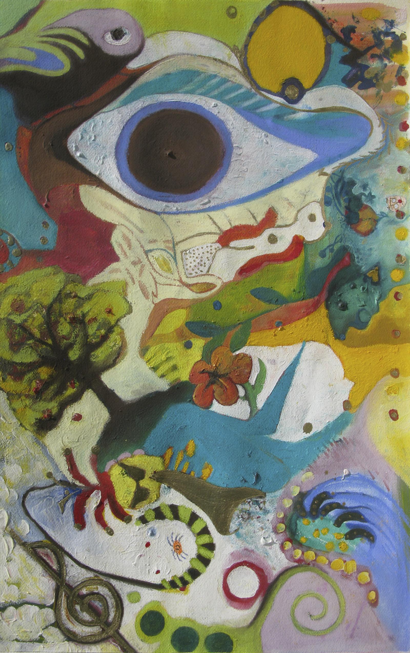 Mixed media of an overarching eyeball, a character playing a trumpet, apple tree, cat thing, two orientations - the eyeball, and the piper