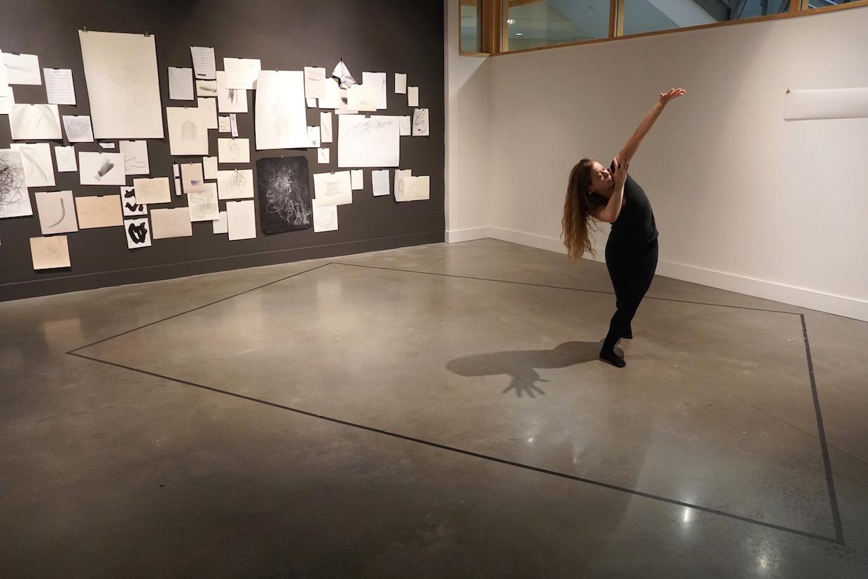 Installation of drawing scores and performance space with dancer. This space was used to create experimental scores for dance, music, and sound events. 