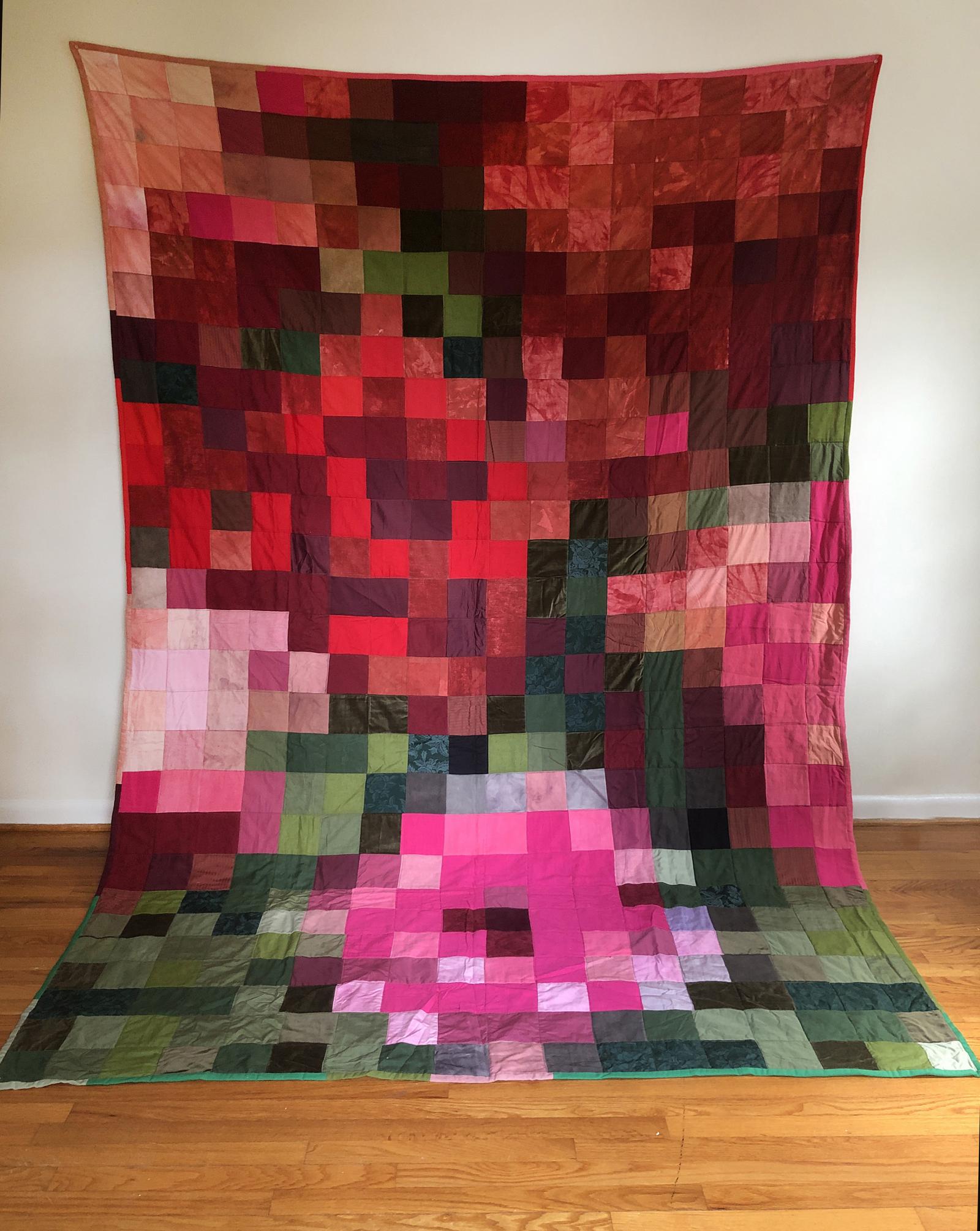 Pixelated Rose Garden, 2021-2022 (center) Quilt made of secondhand synthetic and plant-dyed fabric, cotton thread and batting