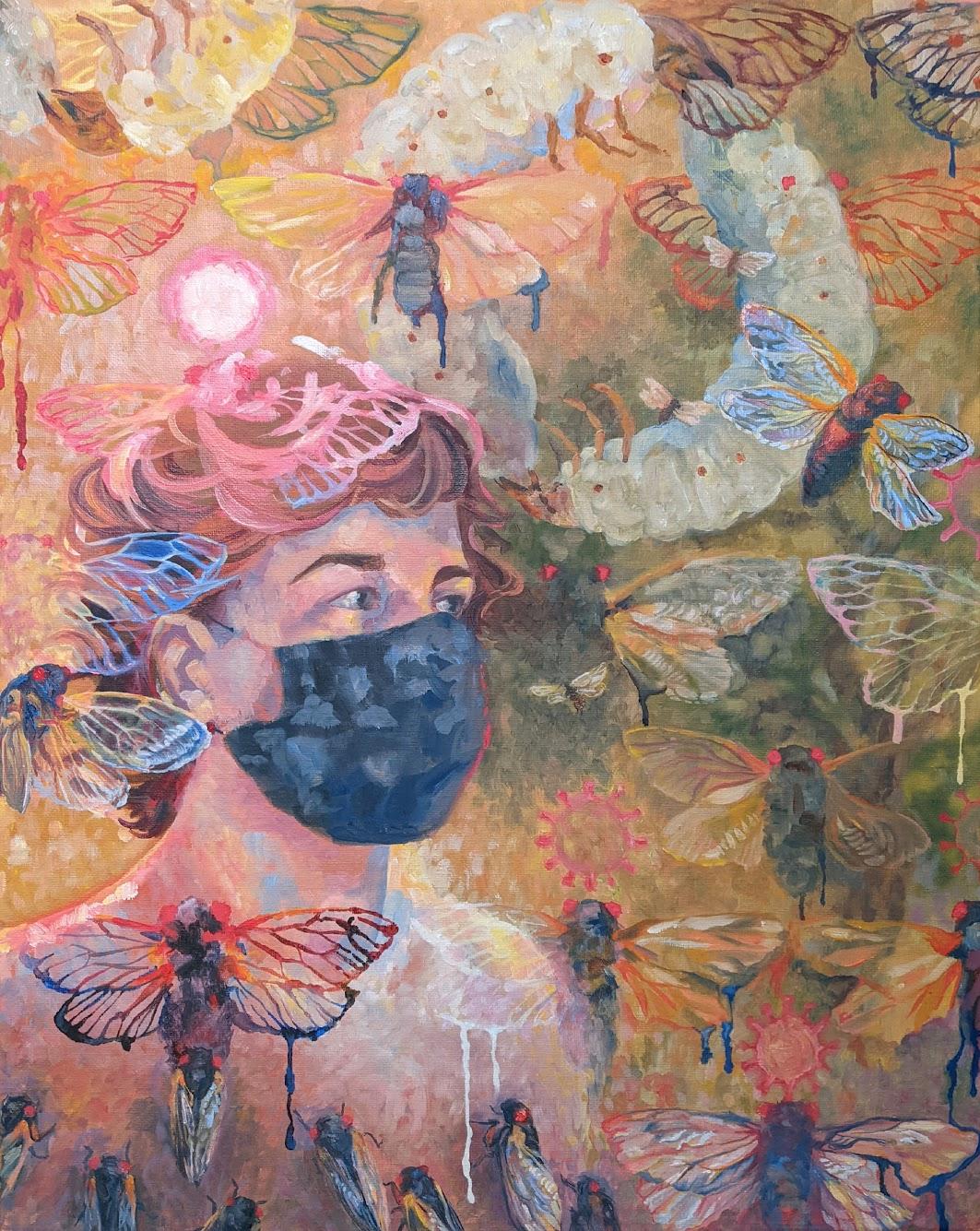 A self portrait done during the summer of 2021 when the cicadas emerged during the Covid 19 pandemic, and the fires on the west coast made the air brown and the sun red. 