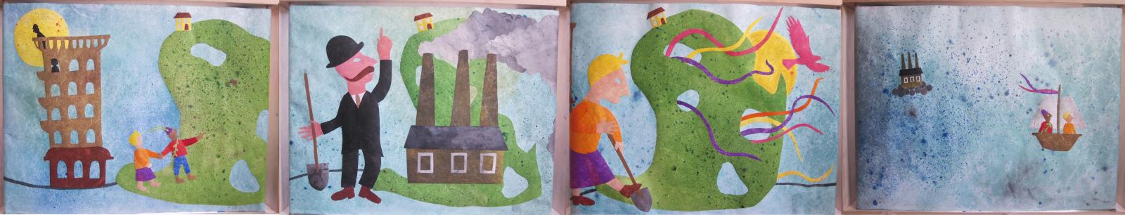 “The Holey Land” is an allegory about the powerful connection between people and the place they call home. In this tale, the Peninsula People and the magic in their land are threatened when a stranger shows up with big ideas for ‘improving’ their community. As storybook images scroll by, the beautiful peninsula gets devoured by buildings and factories, and the Peninsula People are left to ponder the fate of their land. The story ends with a surprising twist, and a hopeful message about a community’s ability to determine their own future.
Told using a crankie, or wooden box that contains a long scroll of paper with illustrations. the story is inspired by the environmental history of the Fairfield Peninsula, near Curtis Bay in south Baltimore. Once fertile land that supplied produce to the booming metropolis of Baltimore, and later home to company towns and tight knit communities, the peninsula was transformed by opportunistic development, and devoured by heavy industry in the 20th century.
“The Holey Land” is an allegory about the powerful connection between people and the place they call home. In this tale, the Peninsula People and the magic in their land are threatened when a stranger shows up with big ideas for ‘improving’ their community. As storybook images scroll by, the beautiful peninsula gets devoured by buildings and factories, and the Peninsula People are left to ponder the fate of their land. The story ends with a surprising twist, and a hopeful message about a community’s ability to determine their own future.
Told using a crankie, or wooden box that contains a long scroll of paper with illustrations. the story is inspired by the environmental history of the Fairfield Peninsula, near Curtis Bay in south Baltimore. Once fertile land that supplied produce to the booming metropolis of Baltimore, and later home to company towns and tight knit communities, the peninsula was transformed by opportunistic development, and devoured by heavy industry in the 20th century.