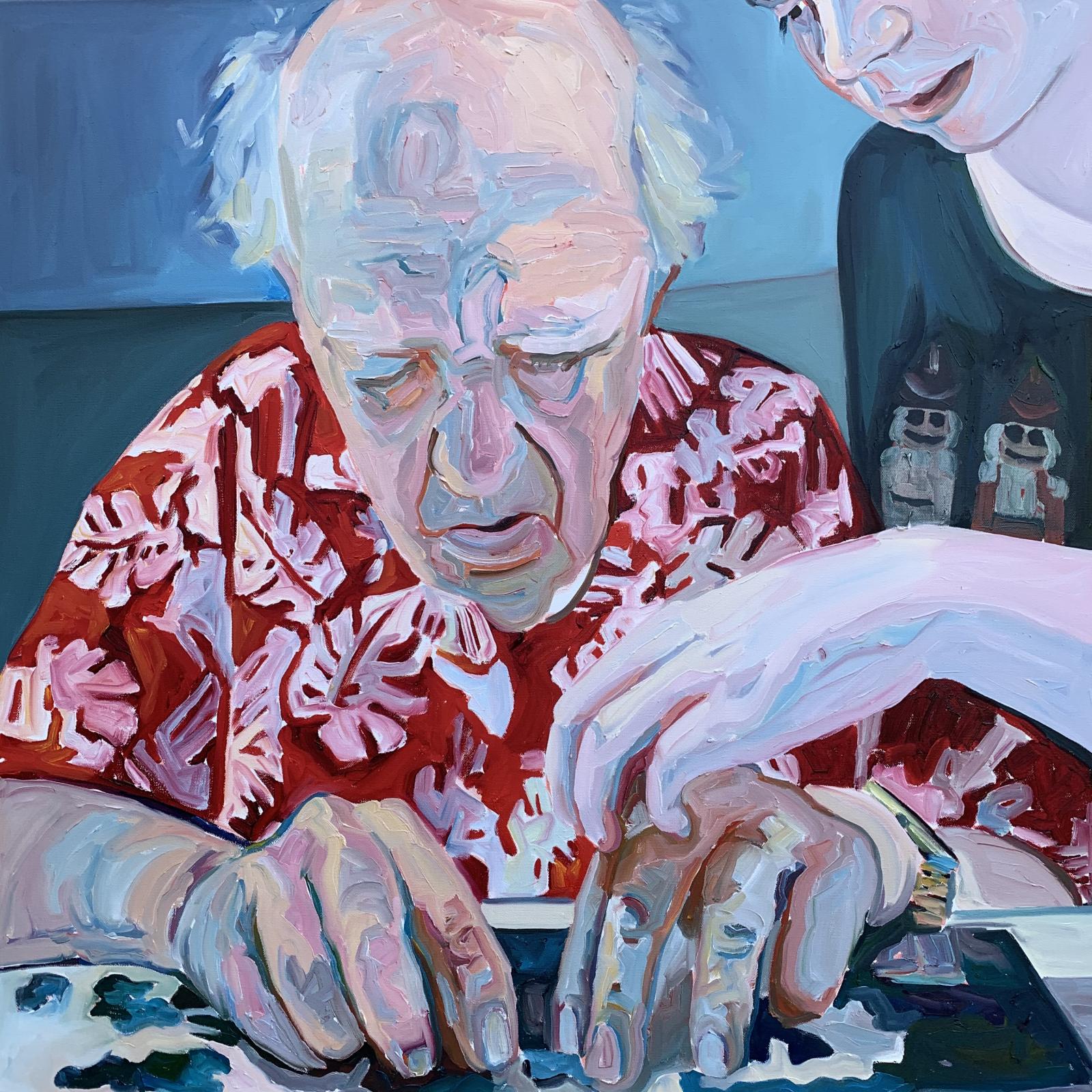 My paintings are defined by loss, gender, identity, independence/dependence, universal themes and autobiographical ones. My paintings often depict either or both of my elderly parents, their vulnerability and need for care. In this image Papa, who has lost some cognitive abilities from a stroke, does a brain exercise with his granddaughter's help and encouragement. 