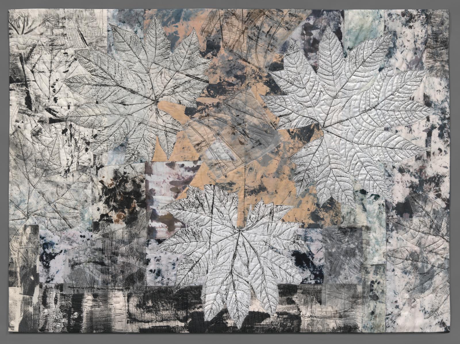 Leaf rubbings, black on white, background is paint rags n beige,black,gray