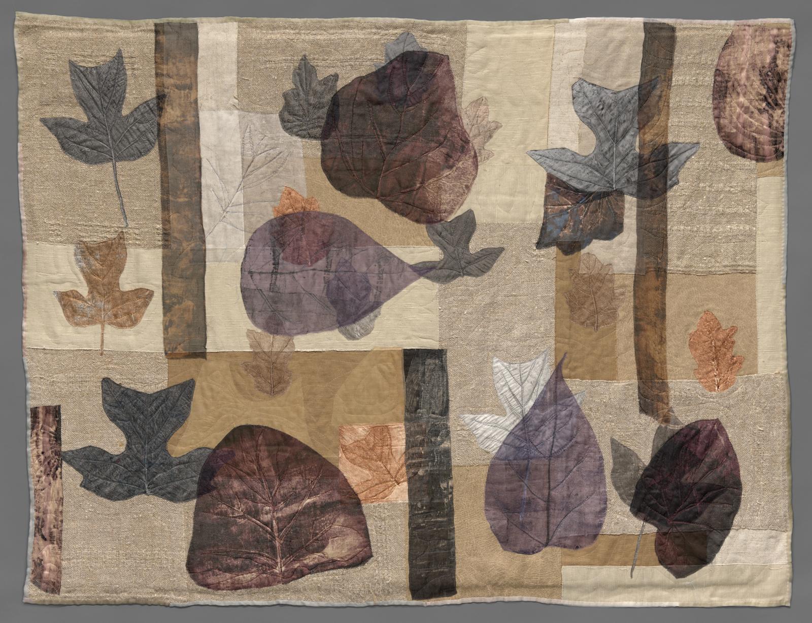 Leaf collagraphs in purples and browns, linen and household textiles