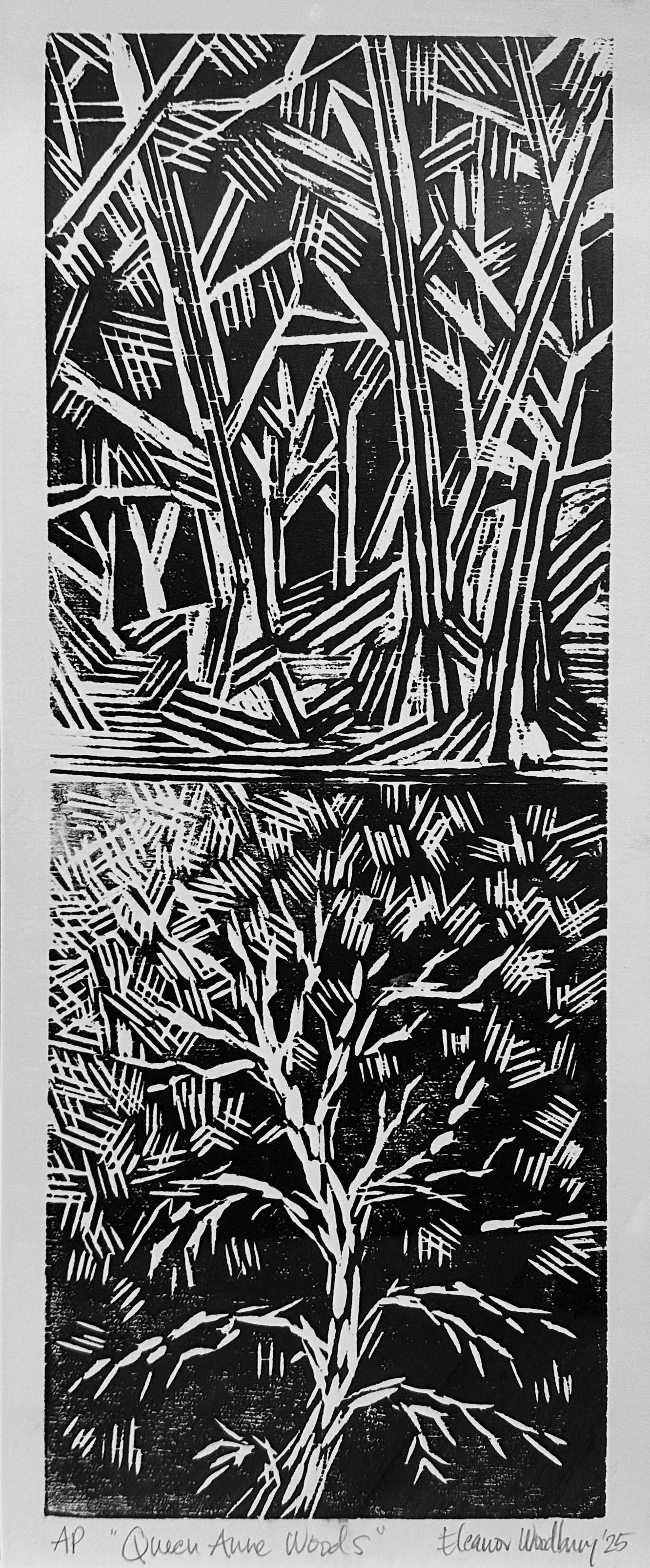 Two woodblocks printed together, abstracted and figurative versions of the same subject.