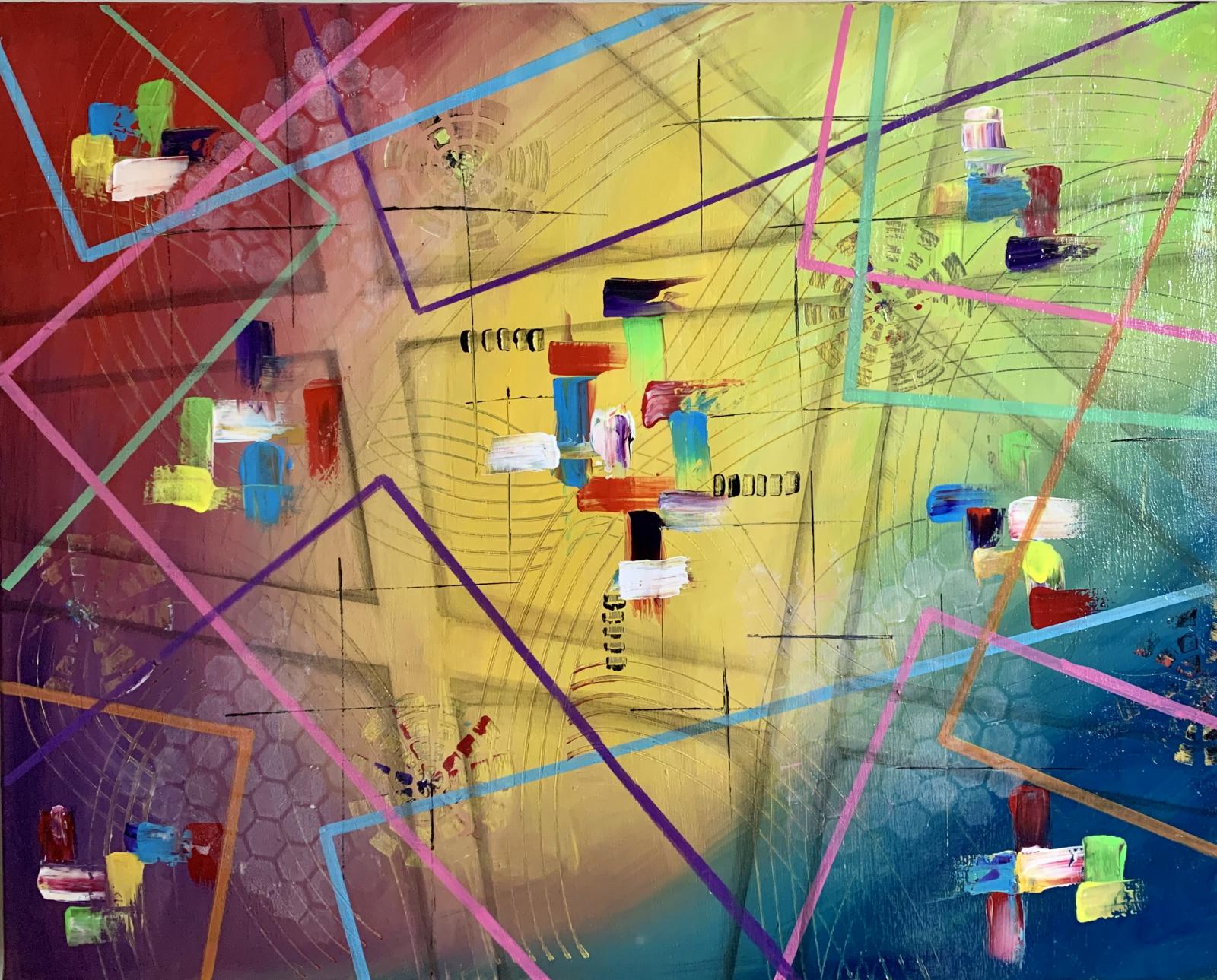 Quarantined. The art depicts the impact of COVID on societies and communities; a new normal. Art work completed in Q12020. The art piece consists of acrylics on canvas, acrylic markers and clear varnish to protect the painting.