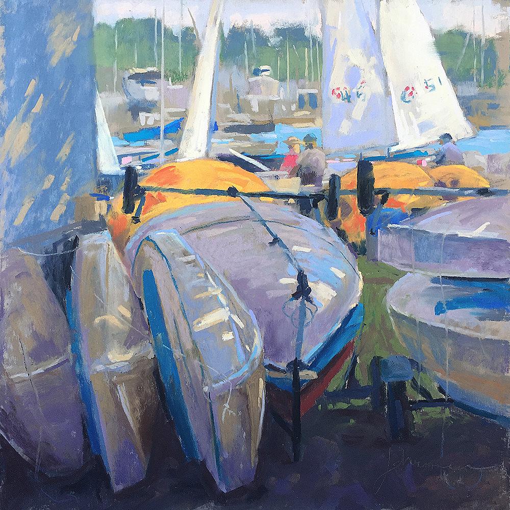 Plein air pastel painting of a sailboat racing school as they prep for a race. Painted during the Solomons Plein Air event.