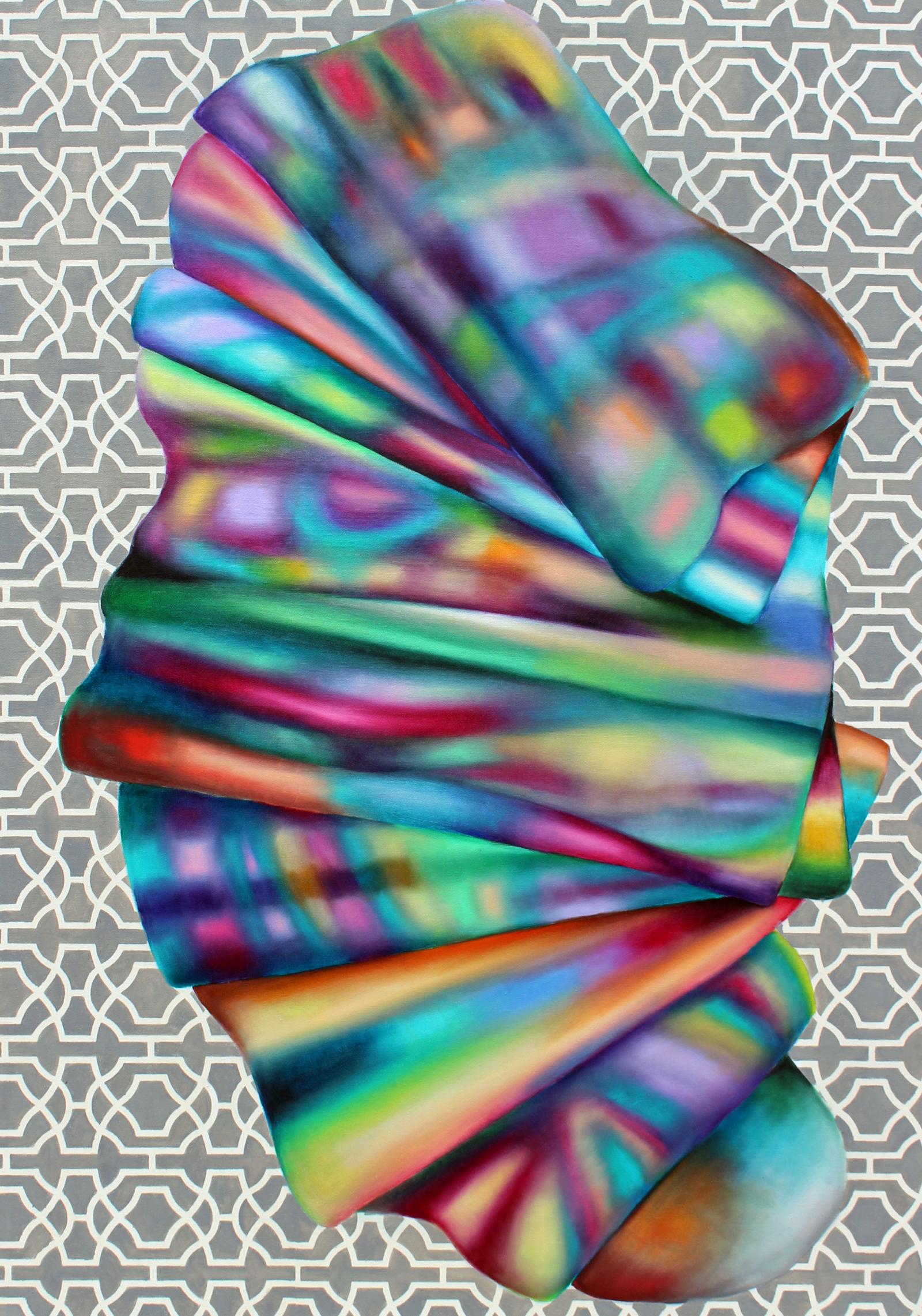 a brightly colored amorphous shape unfolds against the backdrop of a gray pattern