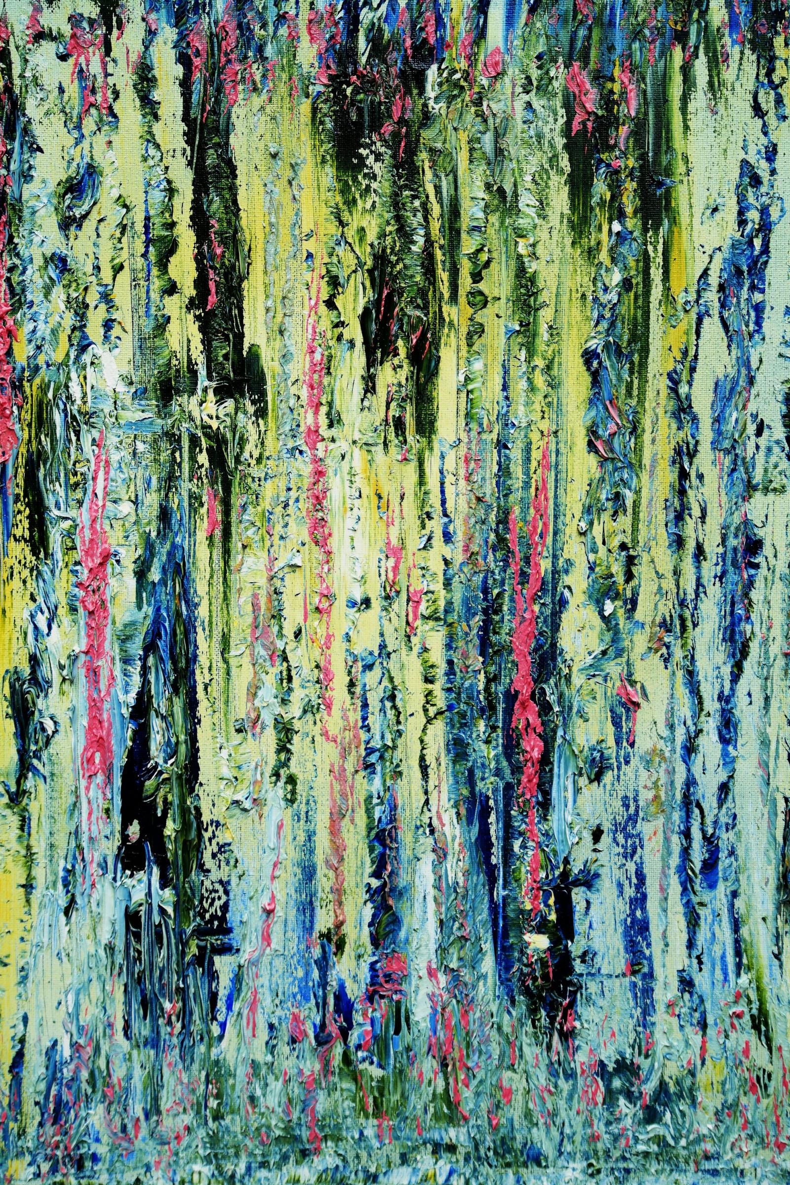 Oil painting- Dominated by soothing light greens, it invites viewers to explore its textured surface. The raised portions, hinting at sunny yellows, create depth and dimension, drawing the eye to the intricate interplay of color and texture. Amidst the tranquil greens, subtle hints of dark green add contrast, imbuing the composition with complexity and depth.