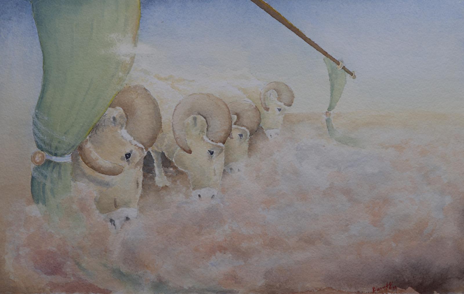 This was inspired by a National Geographic photo of Longhorn Horn Sheep eating grass and a window curtain that would not stop.