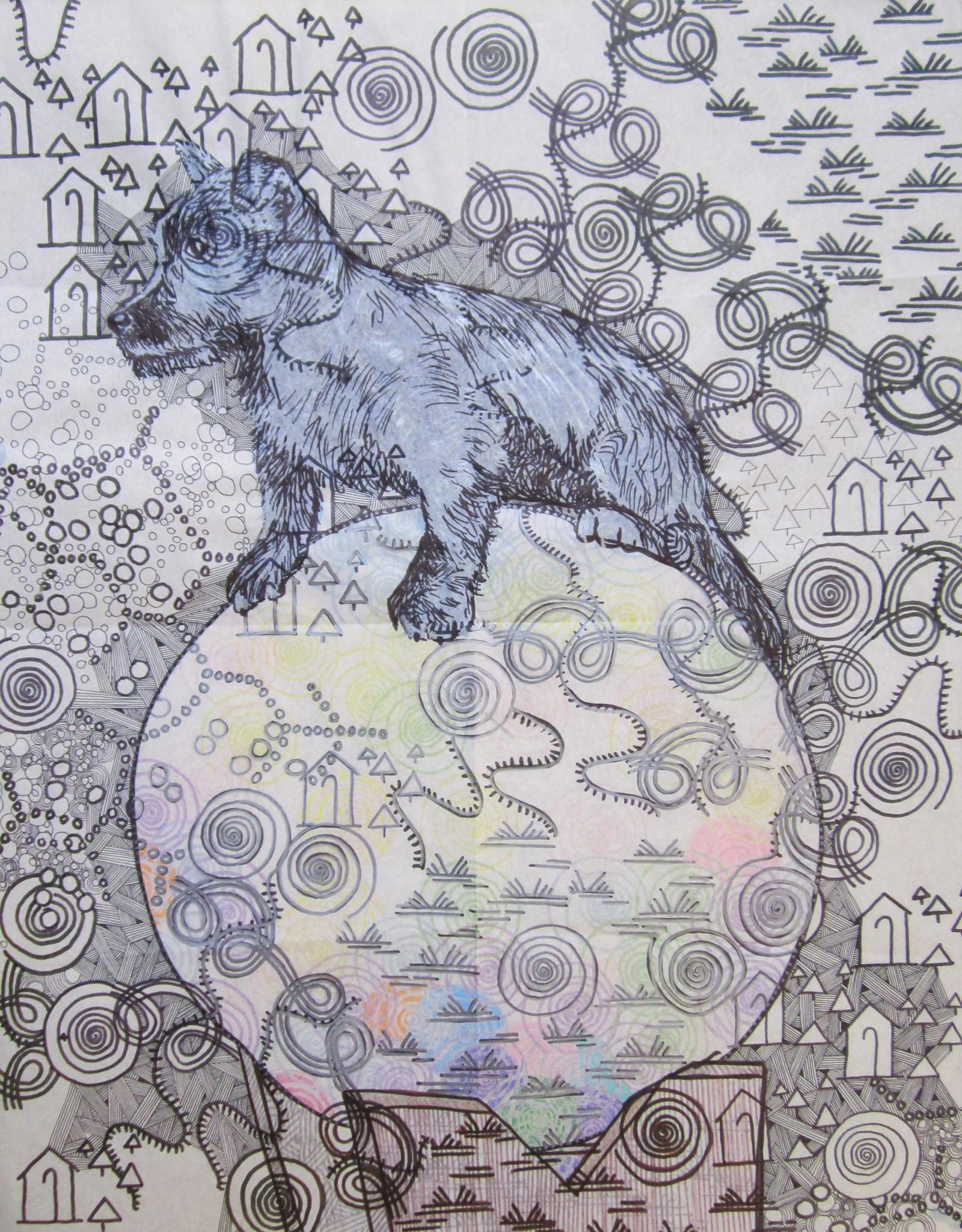 A dog standing on a large ball surrounded by layers of imagery from state park maps