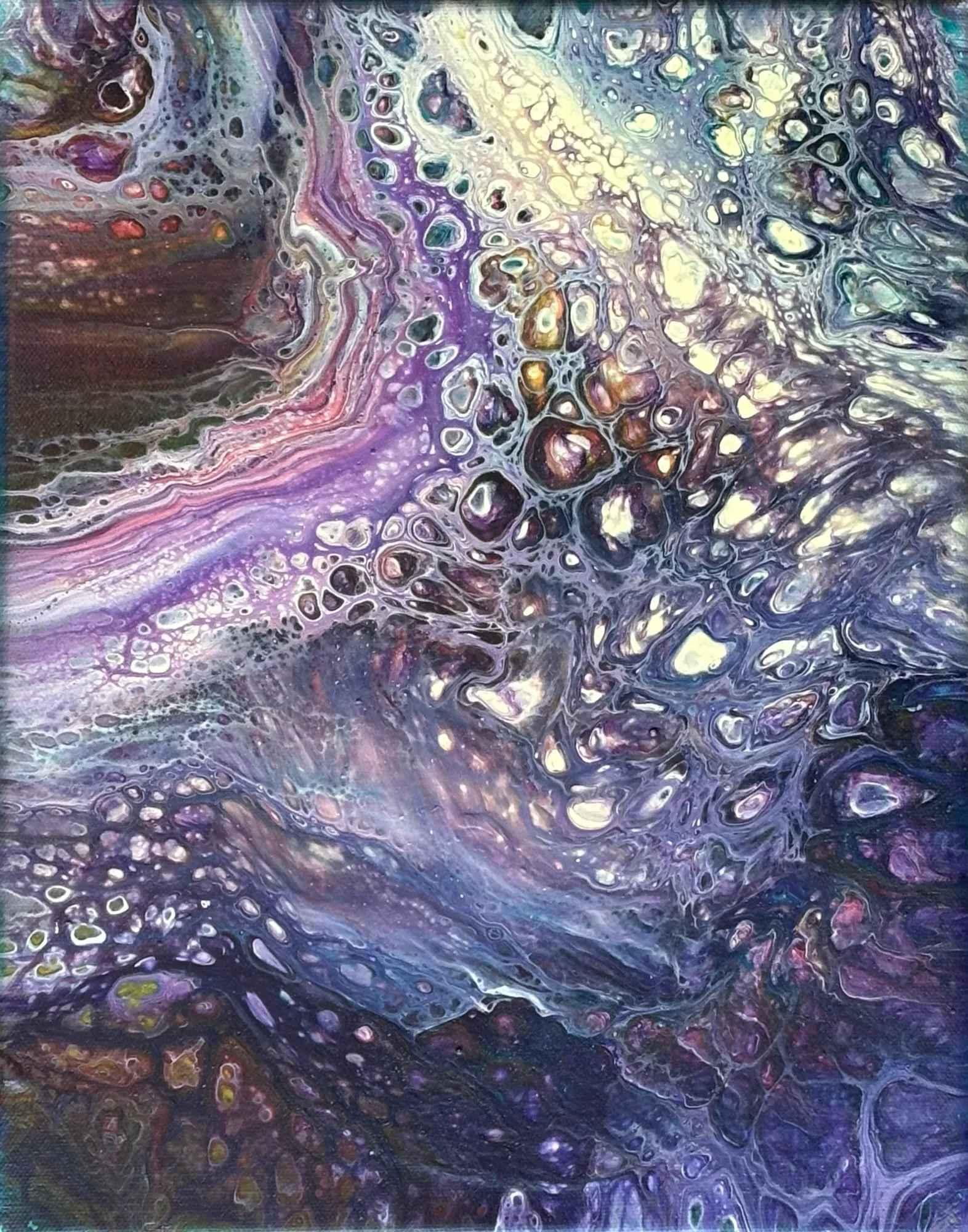 A painting that reminds me of an asteroid belt in deep space that I completed in my home art studio. The cells in this painting resemble different sized asteroids in the galaxy. The beautiful lavender colors create movement in this piece. This painting is 11 x 14 on a wrap around canvas.

This painting has a white wooden gallery frame.