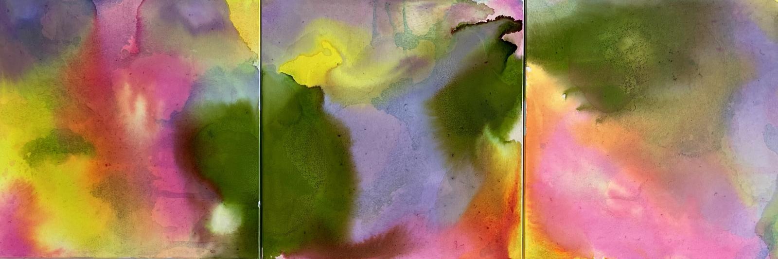 This triptych is from my Ink + Alcohol series; I have often used many mediums to create my works. None has been more successful for me than the union of alcohol and ink. They make continuing movements in their union. It is very relaxing to watch the blend, just like a well created cocktail.