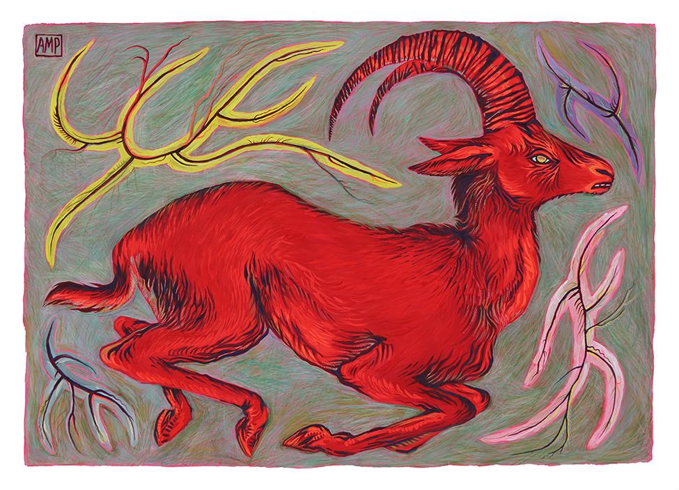 Tempera and colored pencil on paper