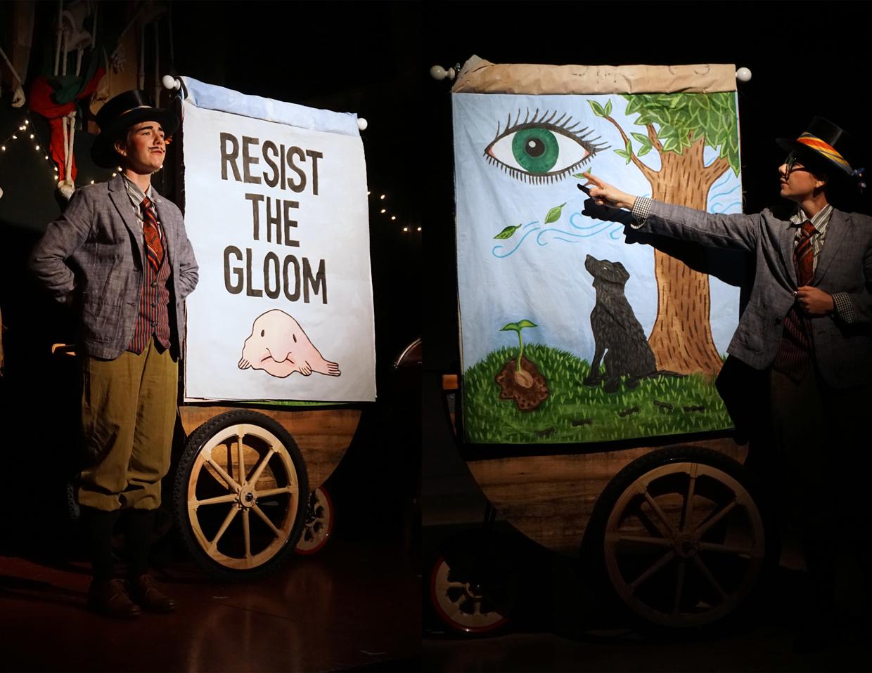 Concerned with the end of time and the role we humans play in it, Cornelius the Collector asks the audience to embark on a journey of discovery that involves a puppet worm manifesto, an exploration of gloom rates, some out of tune singing, and a philosophy of realistic optimism. A celebration of all that it means to be messy humans, Cornelius and his cohorts will forever attempt to persistently resist the gloom! Show written, produced and performed by applicant. Musical accompaniment by Eric Voboril. Performance assistance by Jocelyn Haversat.