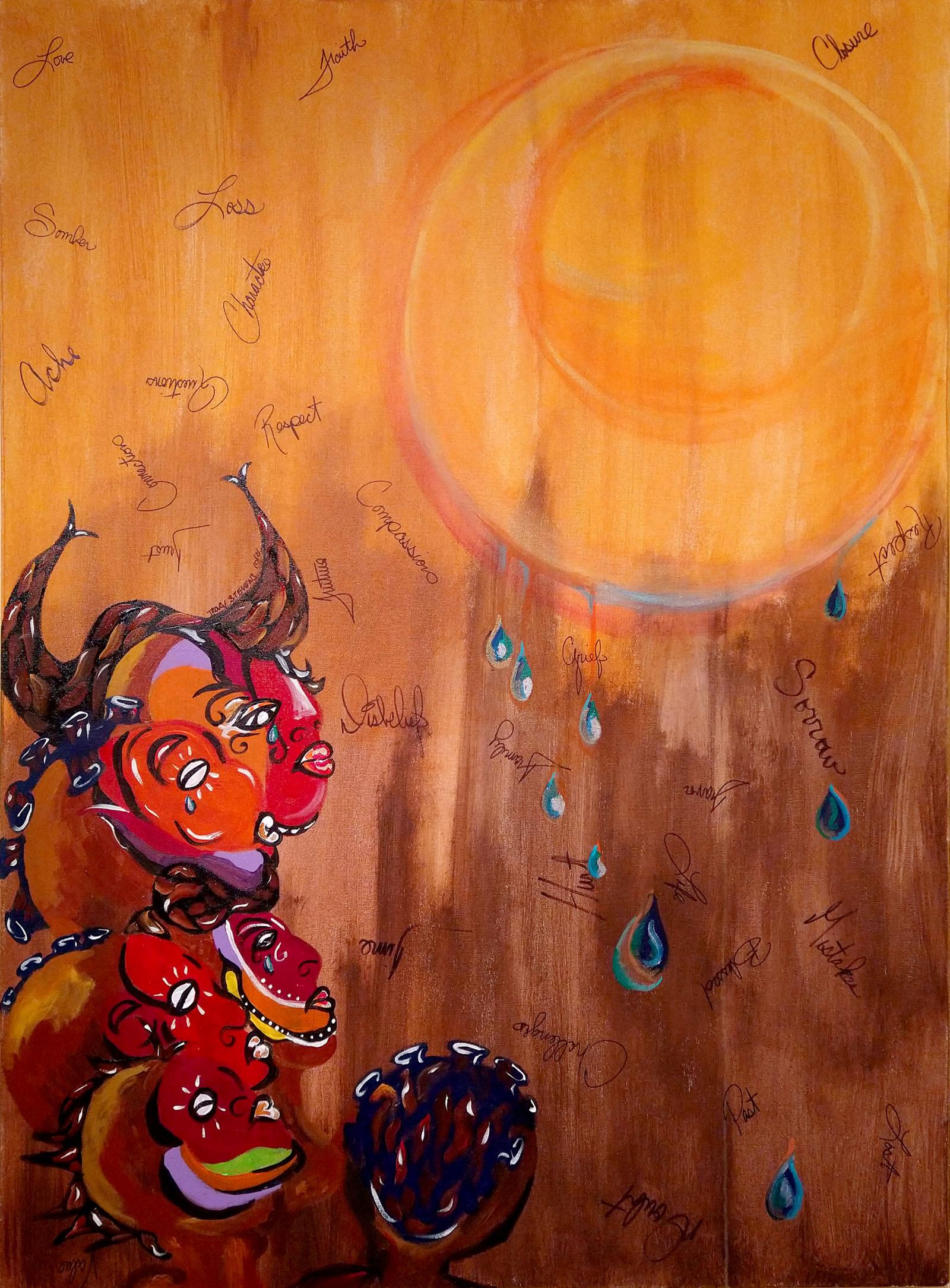 This is the last painting of the Black Love Series.
Thesis a love series of Black and brown people. We all have masks on because we are looking for our true selves. The canvas displays words of loss, hurt, gratitude, and healing. The Black Love series came to me at a time when I was questioning what was/is love. You have to have the joy, laughter, pain and confusion to truly see love.