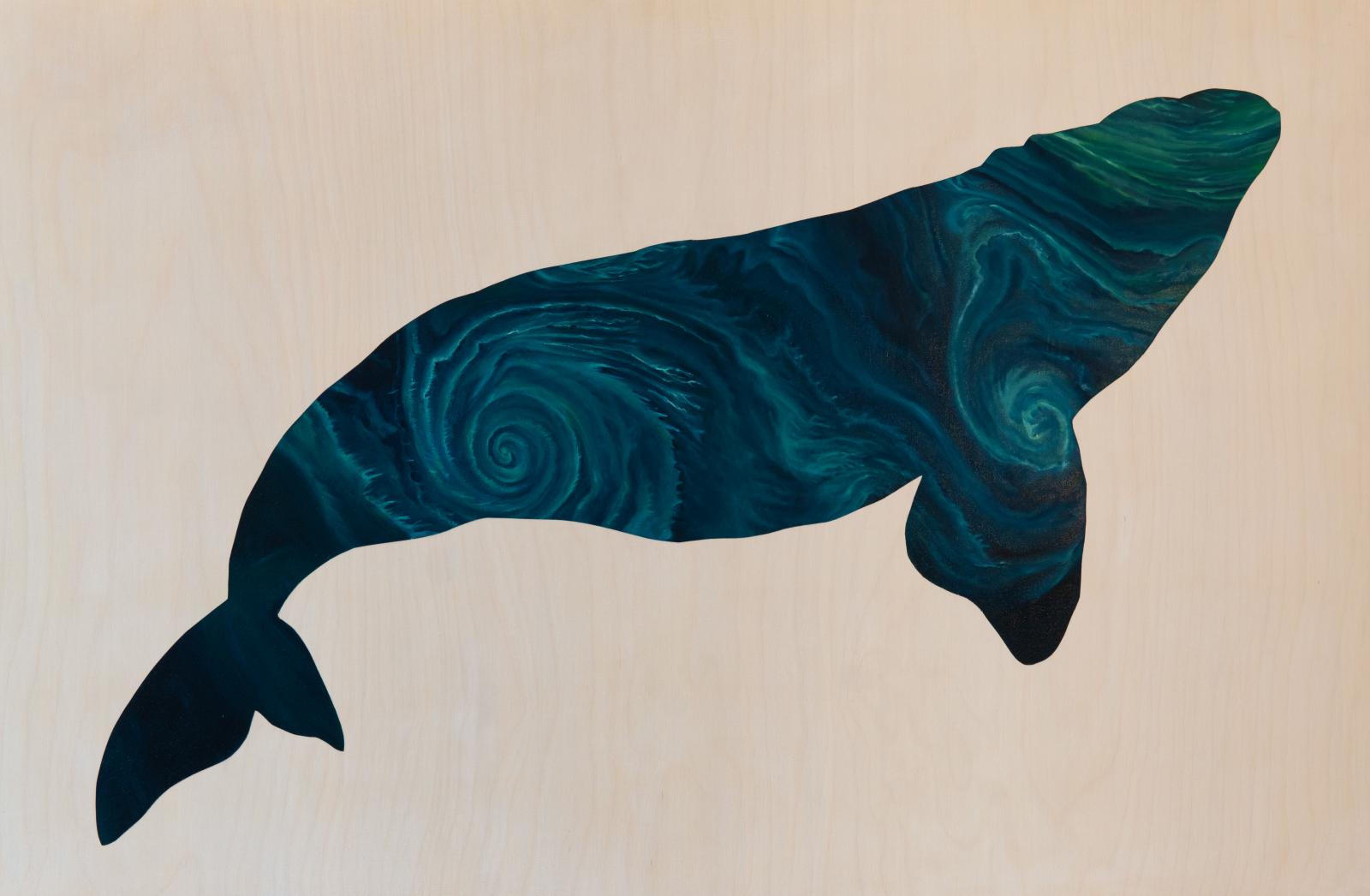 There are only about 400 North Atlantic right whales left in the world. They’ve been protected from whaling since 1935, but their population has never recovered from when they were hunted for their baleens and oil. They got their name from whalers who called them the “right whale” to hunt because they tend to swim slowly and near the surface.
Today, these whales’ biggest threats are being struck by ships or entangled in commercial fishing gear. 85% of them show signs of having been entangled in fishing gear at some point in their lives. They are also threatened by ship noise and sonar testing.
They live along the coasts of North America and (increasingly rarely) near European coasts. Their distribution is shifting as their food sources move to adapt to changes in the ocean. Their primary source of food is a tiny 2mm crustacean, a copepod species called Calanus finmarchicus. Due to changing temperatures and salinity levels, the density and distribution of C. finmarchicus is changing, forcing the small population of right whales to try to quickly adapt.

Meanwhile, giant algae blooms like the one inside this whale’s silhouette, are on the rise. These blooms are comprised of tiny phytoplankton like diatoms, dinoflagellates, and cyanobacteria, and are a yearly occurrence in many places. Due to warming waters and phosphorus runoff from sewage and agriculture, they are becoming more frequent and intense, disrupting marine ecosystems. Large blooms can threaten other life dependent on the waters they bloom in by releasing toxic substances or depleting the water of oxygen, creating “dead zones” in the ocean. Some blooms can also cause illness in humans, and harm coastal economies.

I was inspired to create a series of paintings exploring the complex web of relationships in the ocean after attending a lecture by environmental artist Stacy Levy. Water has unique properties that make it the fundamental source of life on Earth, and through my paintings I explore how it looks, how it moves, and the complex ways in which it connects our world.