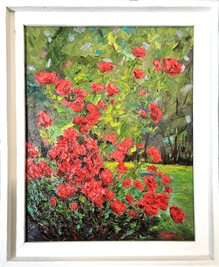 Red roses garden original thick impasto oil painting on a 16" x 20" canvas panel in a white wooden frame.