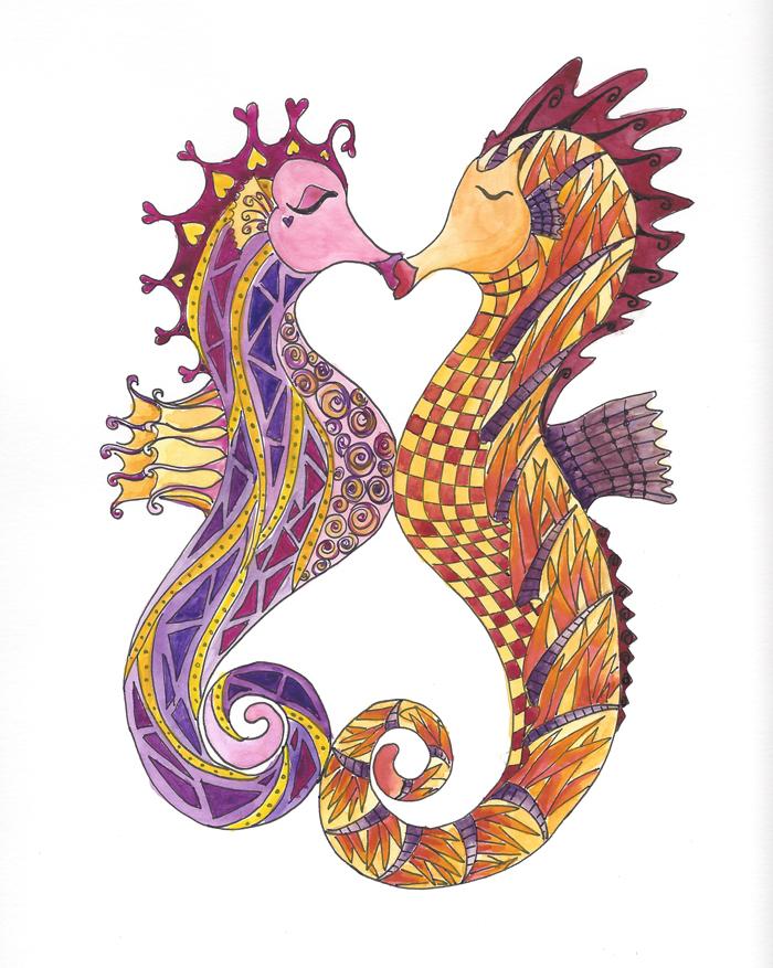 Whimsical kissing seahorse watercolor painting.