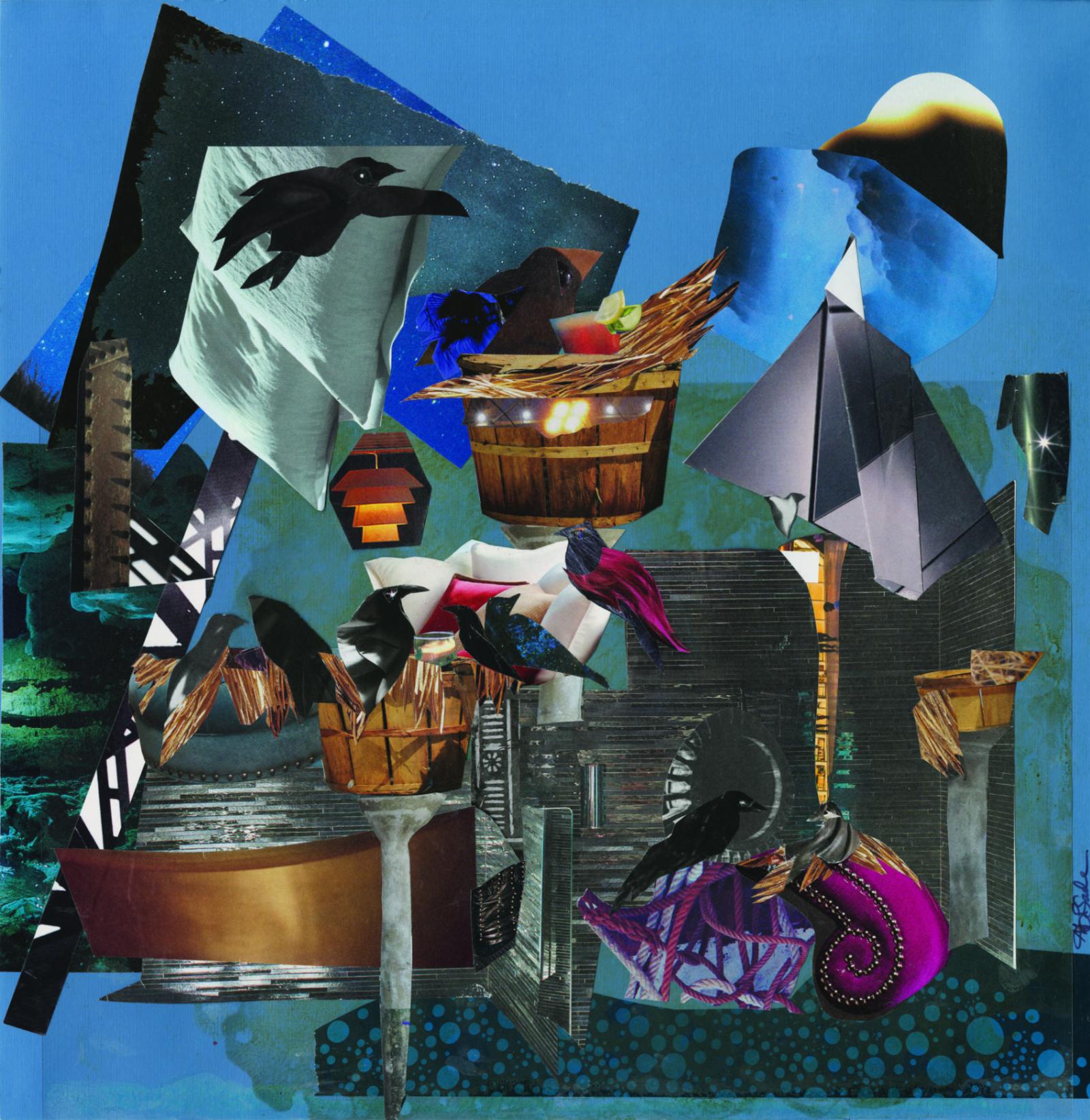 Colorful hand-cut paper collage features birds of a feather hanging out one night in the "Crow's Nest" bar. Part of my"Crow Bar Series"