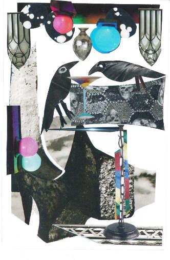 Hand-cut paper collage of crows in an abstracted stylish bar. Part of my"Crow Bar Series"