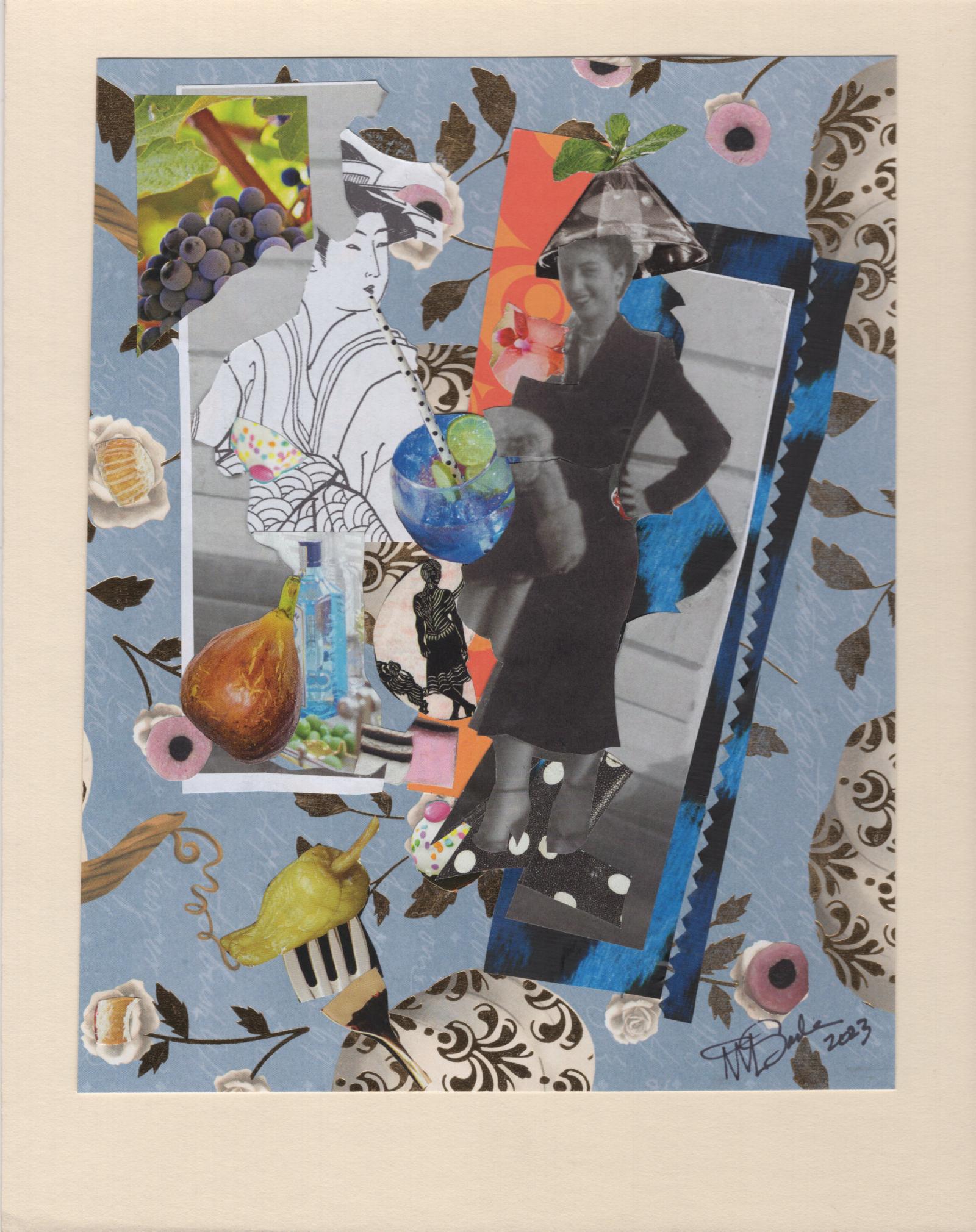 Hand-cut paper collage of mixed papers features the contrast of a flirty American girl and a Geisha in fanciful environ