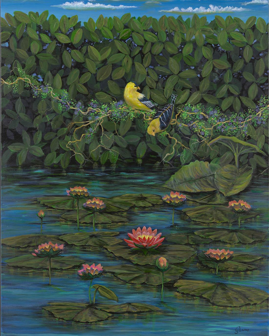 Two American finches perched near a pond with water lilies. I wanted the scene to be intimate, a moment in time, meditative and calming. The colors are bold and hyper lit to express a bright atmosphere. The original painting is continued around the canvas.
