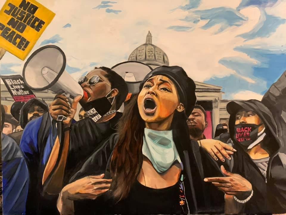 This is a painting of British Black Lives Matter activist Sasha Johnson and other protesters.