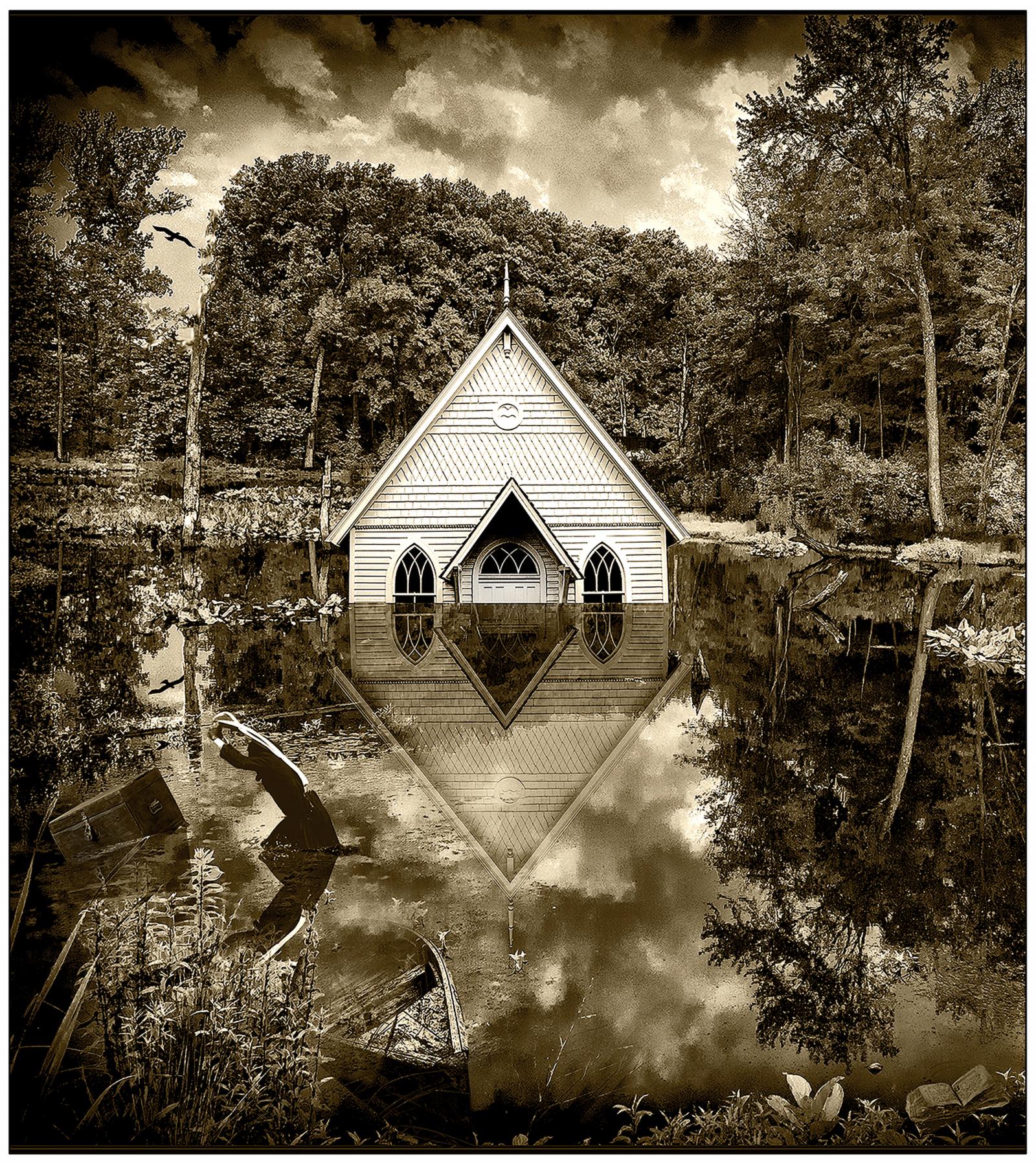 church in water with boat ,chest and man.