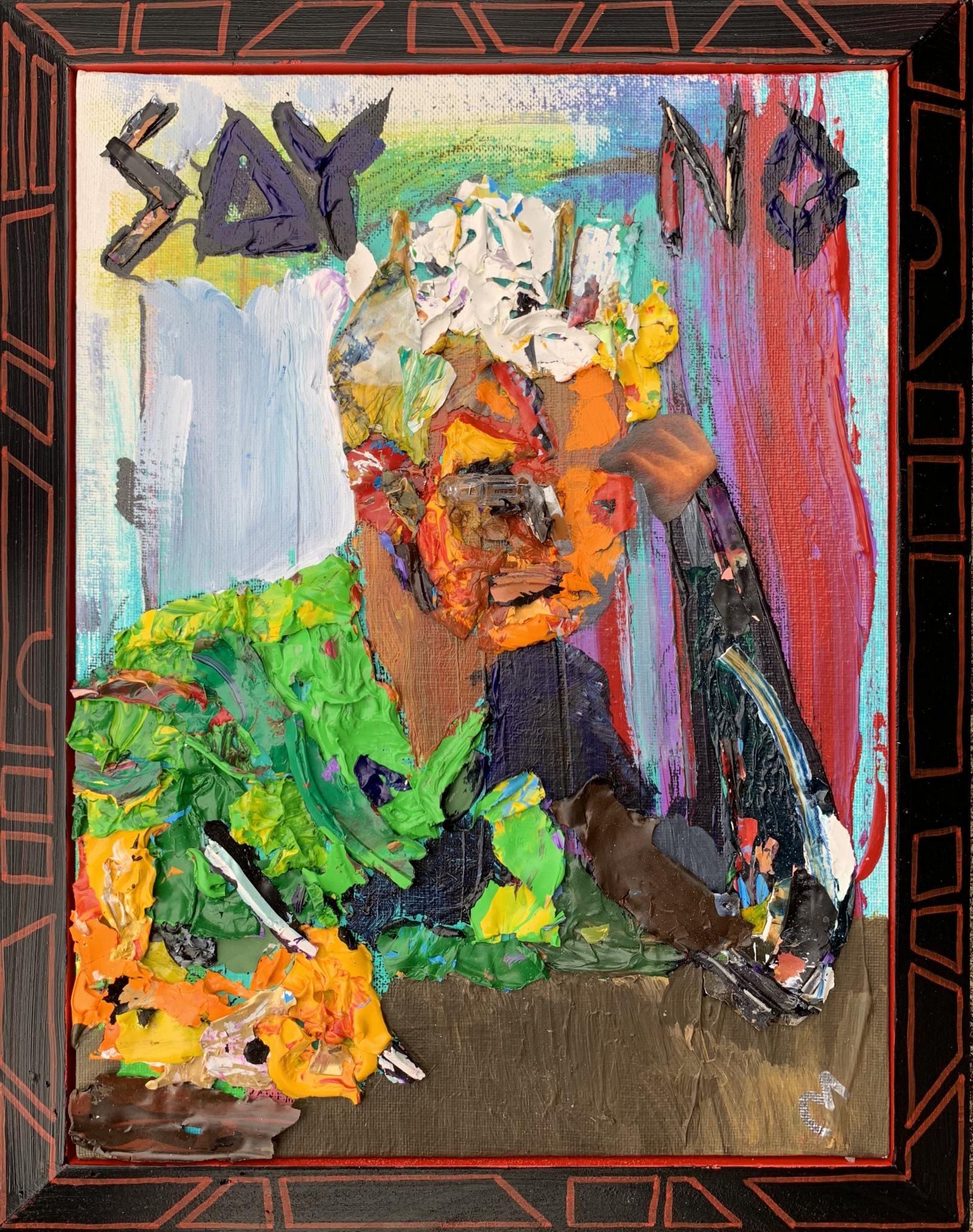 A combination of action sketching, comic sensibilities, and using reclaimed acrylic paint materials.  Canvas board attached to hand made frame.  Image is acrylic with found objects and reclaimed acrylic paint peels.