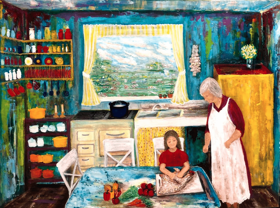 Commissioned artwork of 1940s kitchen with a big window. Old grandma & a little one prepping for soup, plucking chicken feathers and chopping veggies.