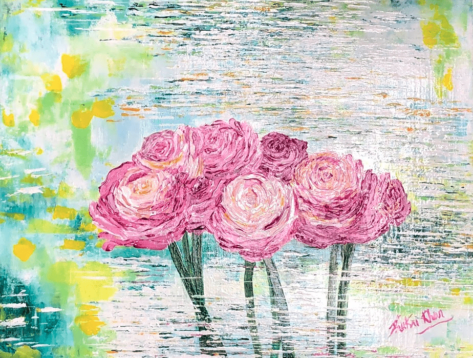 Pink Roses reflecting on a flowing stream with an abstract background.