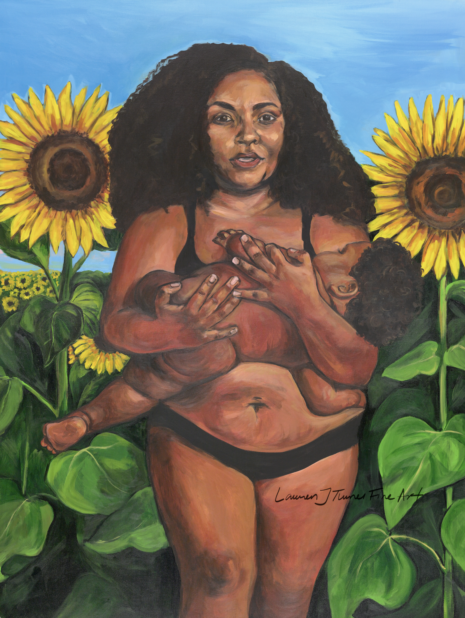 This image represents a new mother showing off her new baby and body in confidence. She stands proudly in a field of sunflowers.